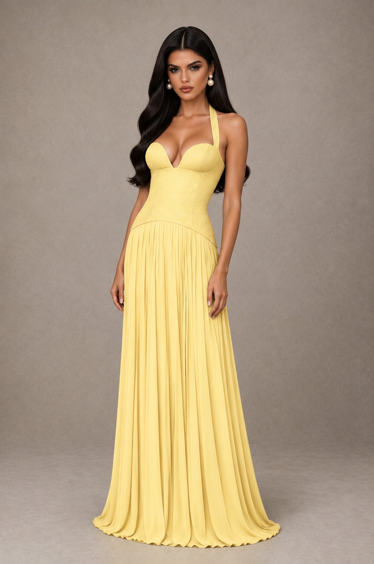 BOLODOO Yellow Halter Corset Pleated A-Line Evening Dress - Yellow - Yellow_3