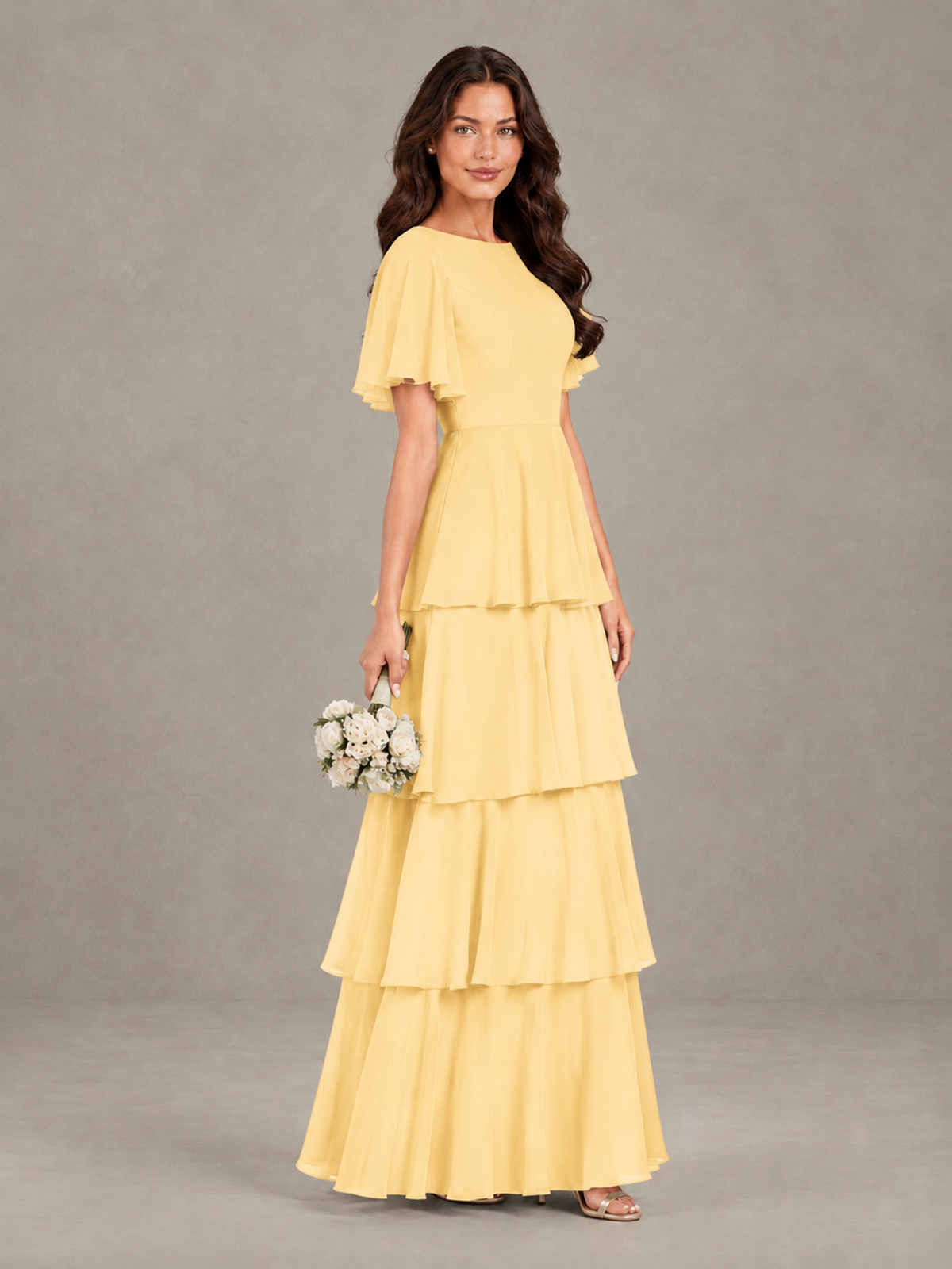 BOLODOO Yellow Tiered Flutter Sleeve Bridesmaid Dress - Yellow - Yellow_3