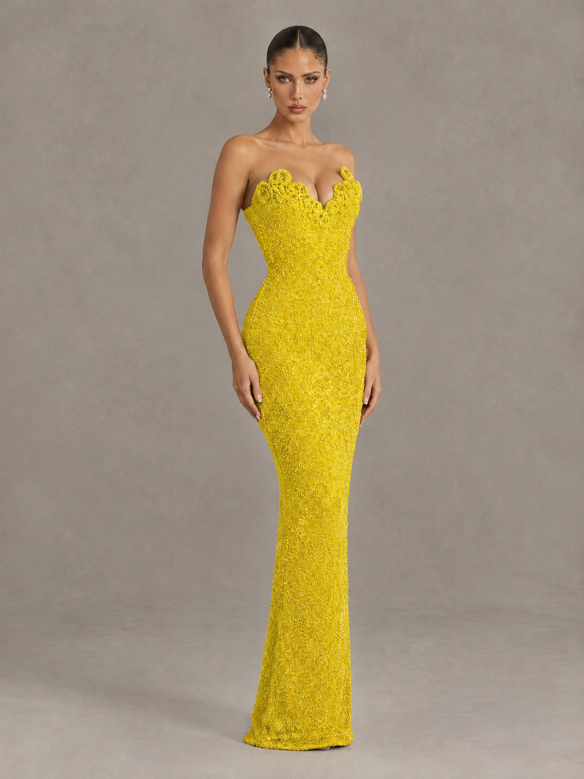 BOLODOO Yellow Strapless Sequin Evening Gown with Floral Neckline - Yellow - Yellow_3