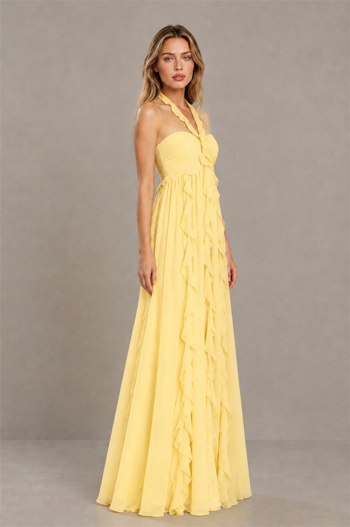 BOLODOO Yellow Halter Ruffle A-Line Floor-Length Evening Dress - Yellow - Yellow_3