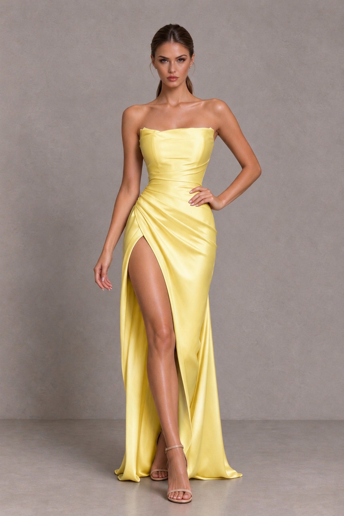 BOLODOO Yellow Strapless Ruched Satin-Look Evening Dress with High Slit - Yellow - Yellow_3