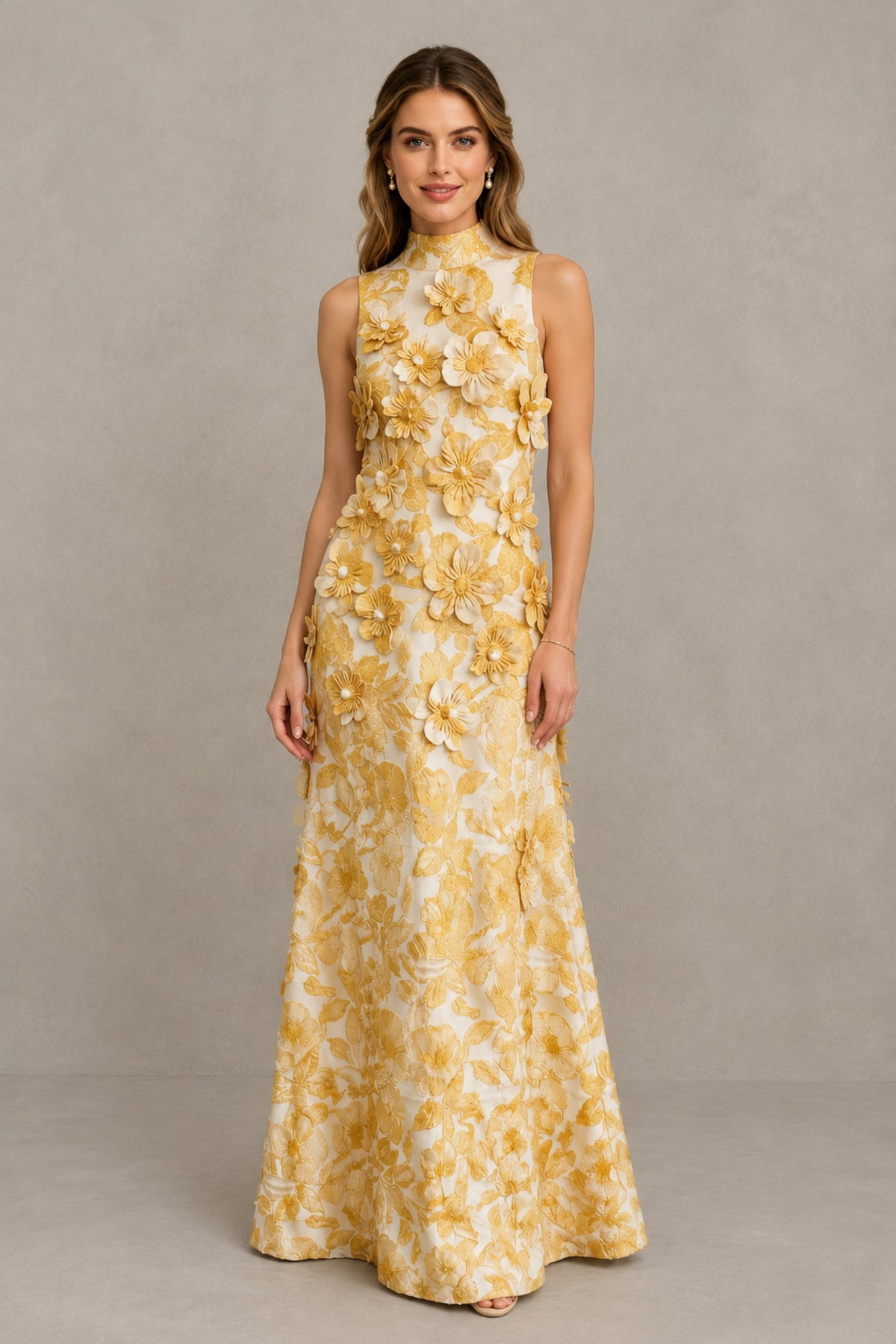 BOLODOO Yellow High Neck Sleeveless 3D Floral Evening Gown - Yellow