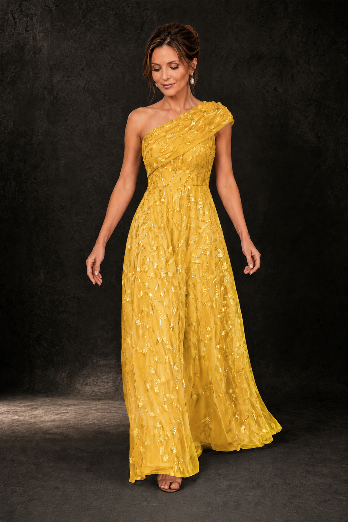 BOLODOO Yellow Leaf Sequin One-Shoulder A-Line Maxi Gown – Mother of the Bride & Formal Evening Dress - Yellow - Yellow_3