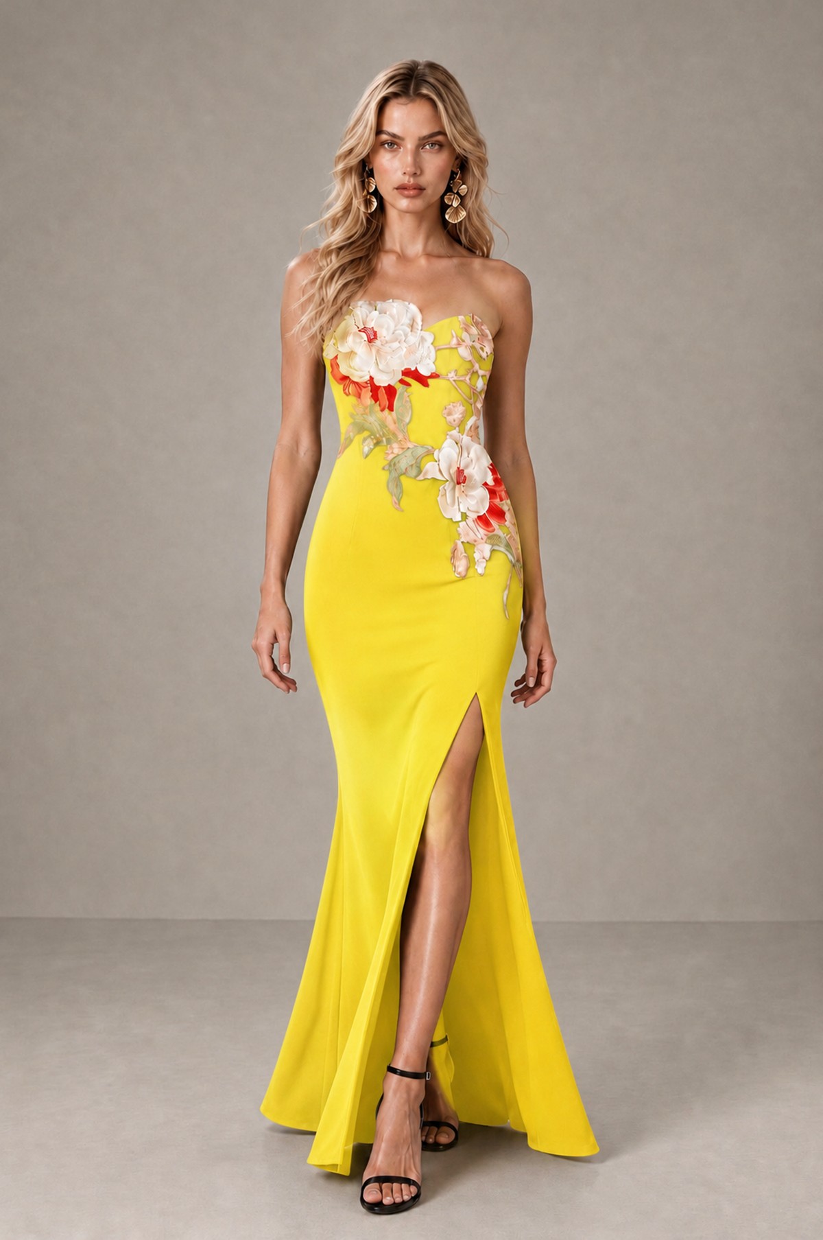 BOLODOO Yellow Strapless Floral Mermaid Evening Dress with Slit - Yellow - Yellow_3