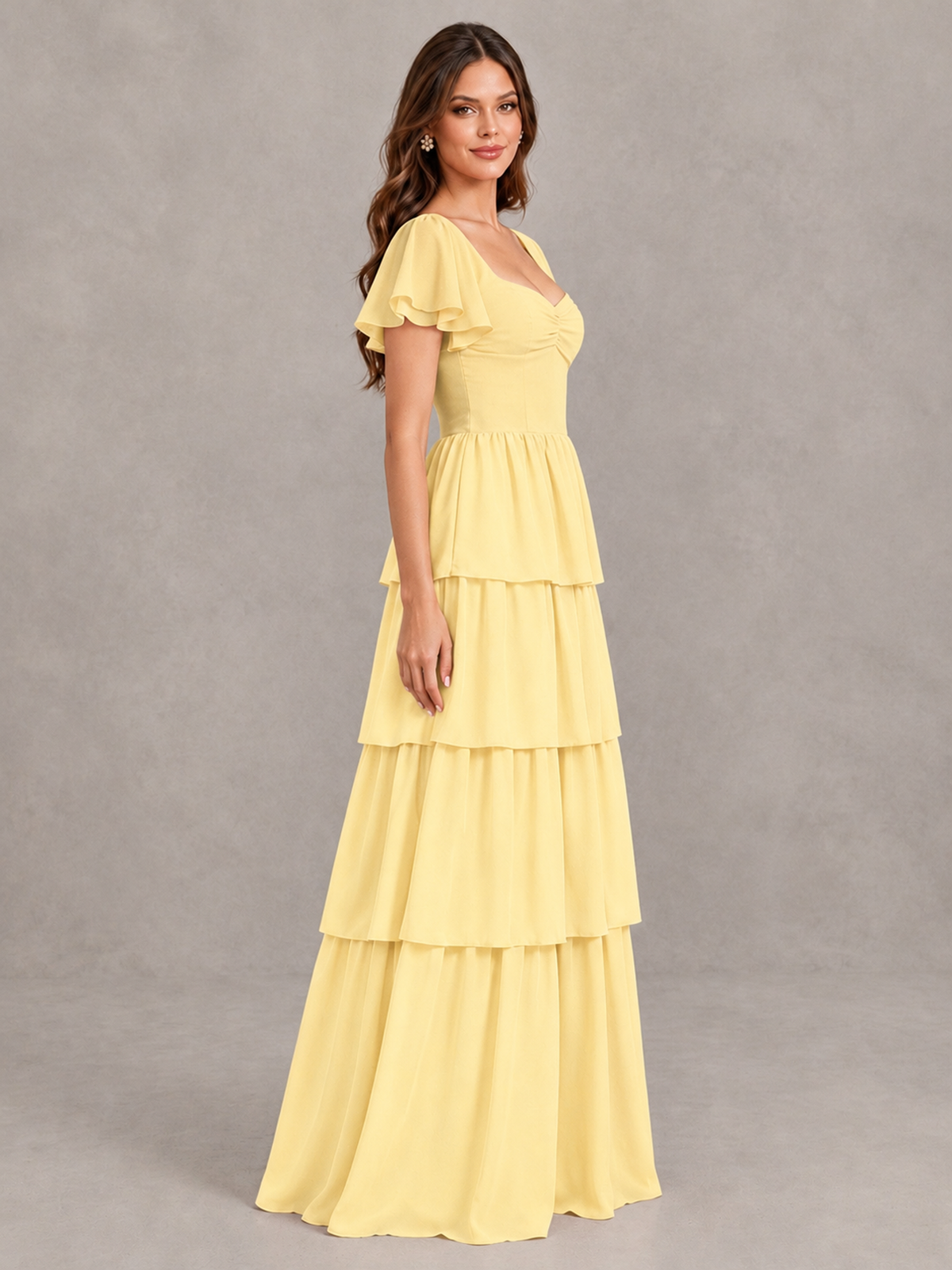 BOLODOO Yellow Flutter Sleeve Tiered Maxi Bridesmaid Dress - Yellow - Yellow_3