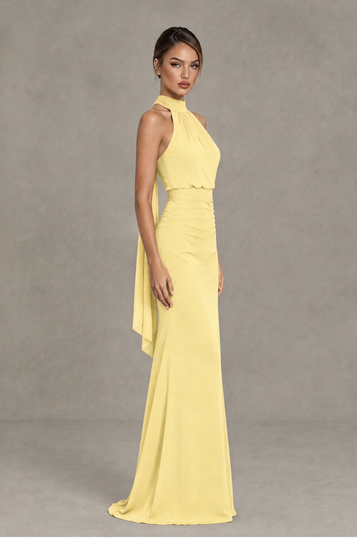 BOLODOO Yellow Chiffon Halter Maxi Formal Wedding Guest Dress - Yellow - Yellow_3