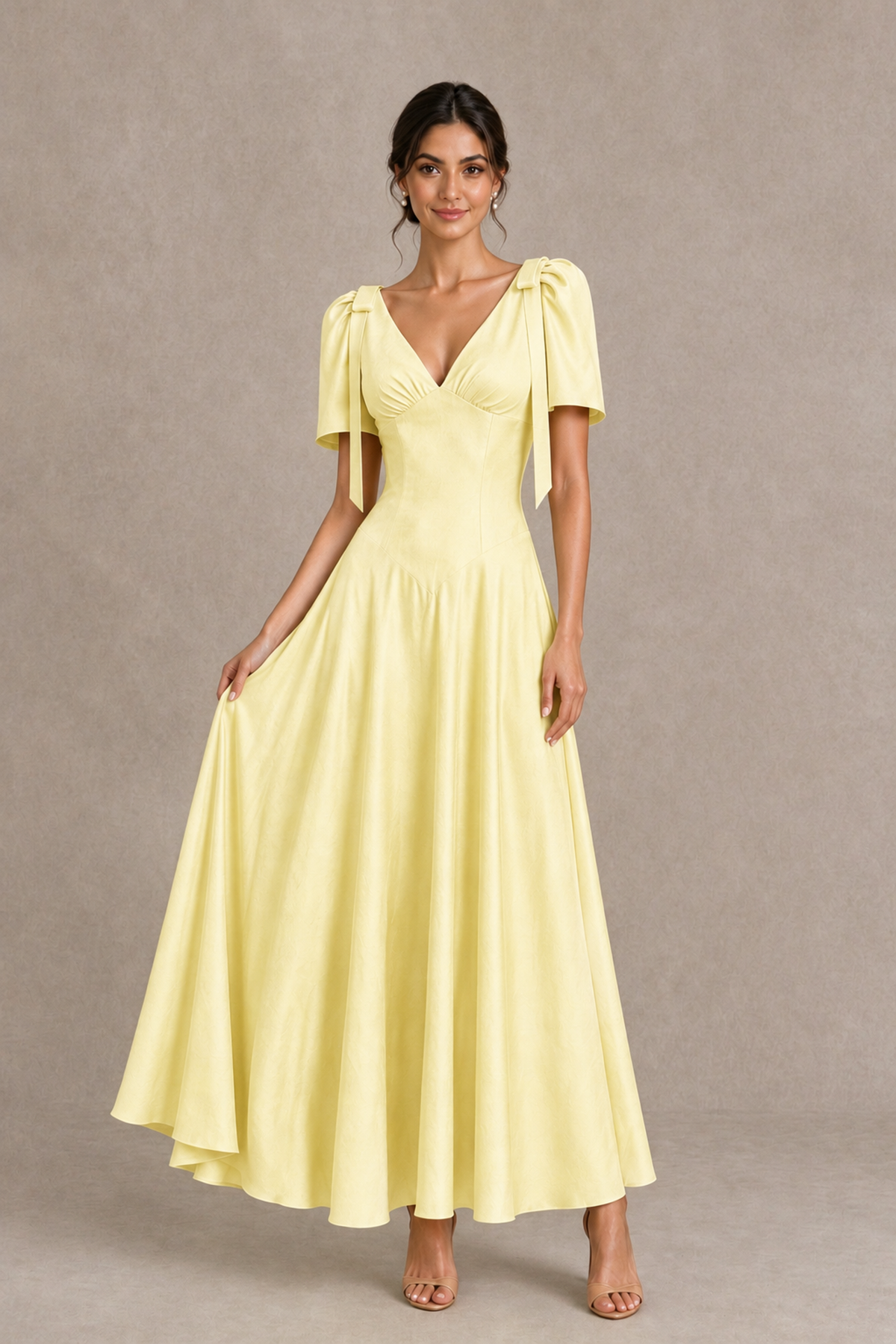 BOLODOO Yellow V-Neck Short Sleeve Satin-Look Bridesmaid Dress with Shoulder Bows - Yellow - Yellow_3