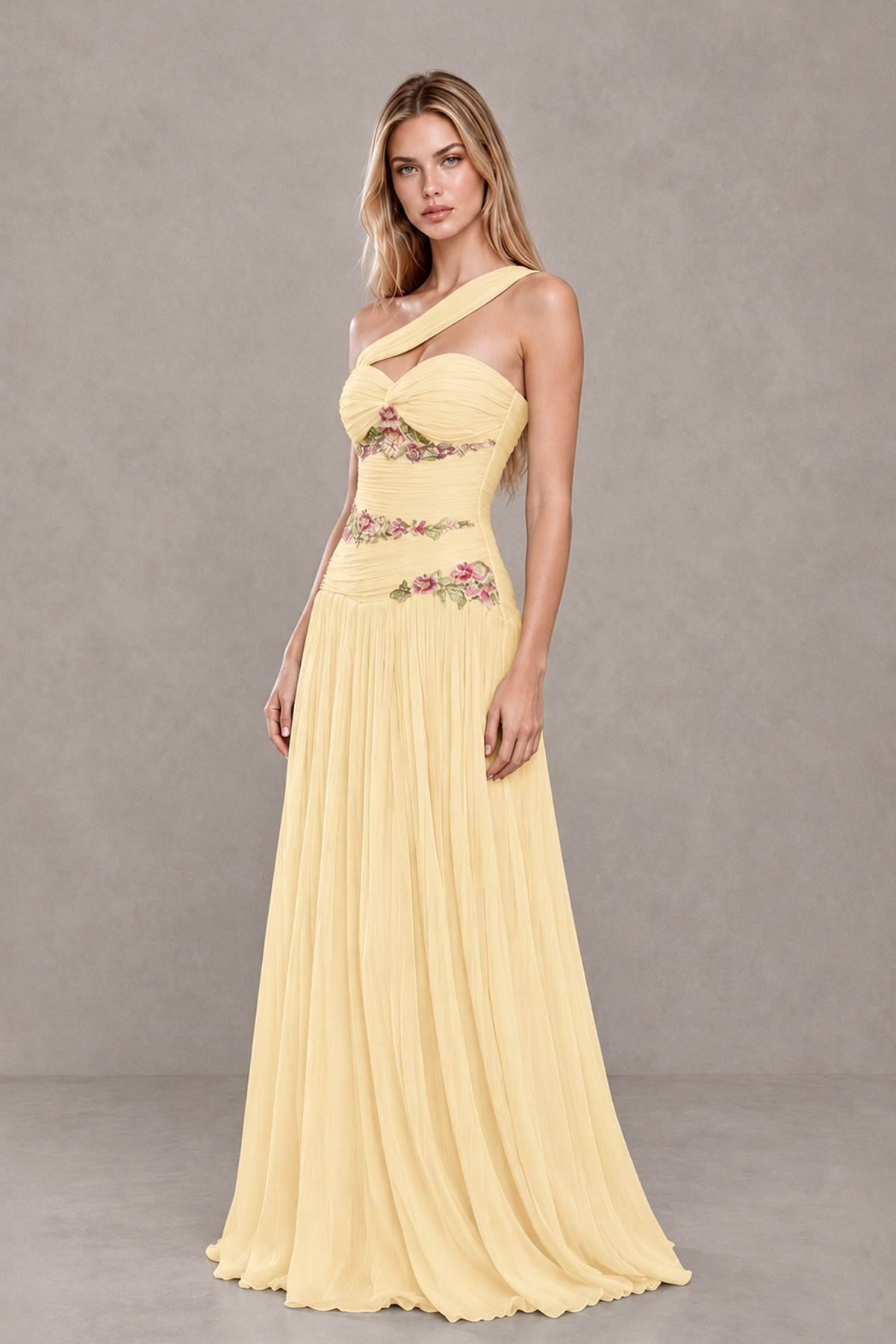BOLODOO Yellow One-Shoulder Floral Applique A-Line Evening Dress - Yellow - Yellow_3