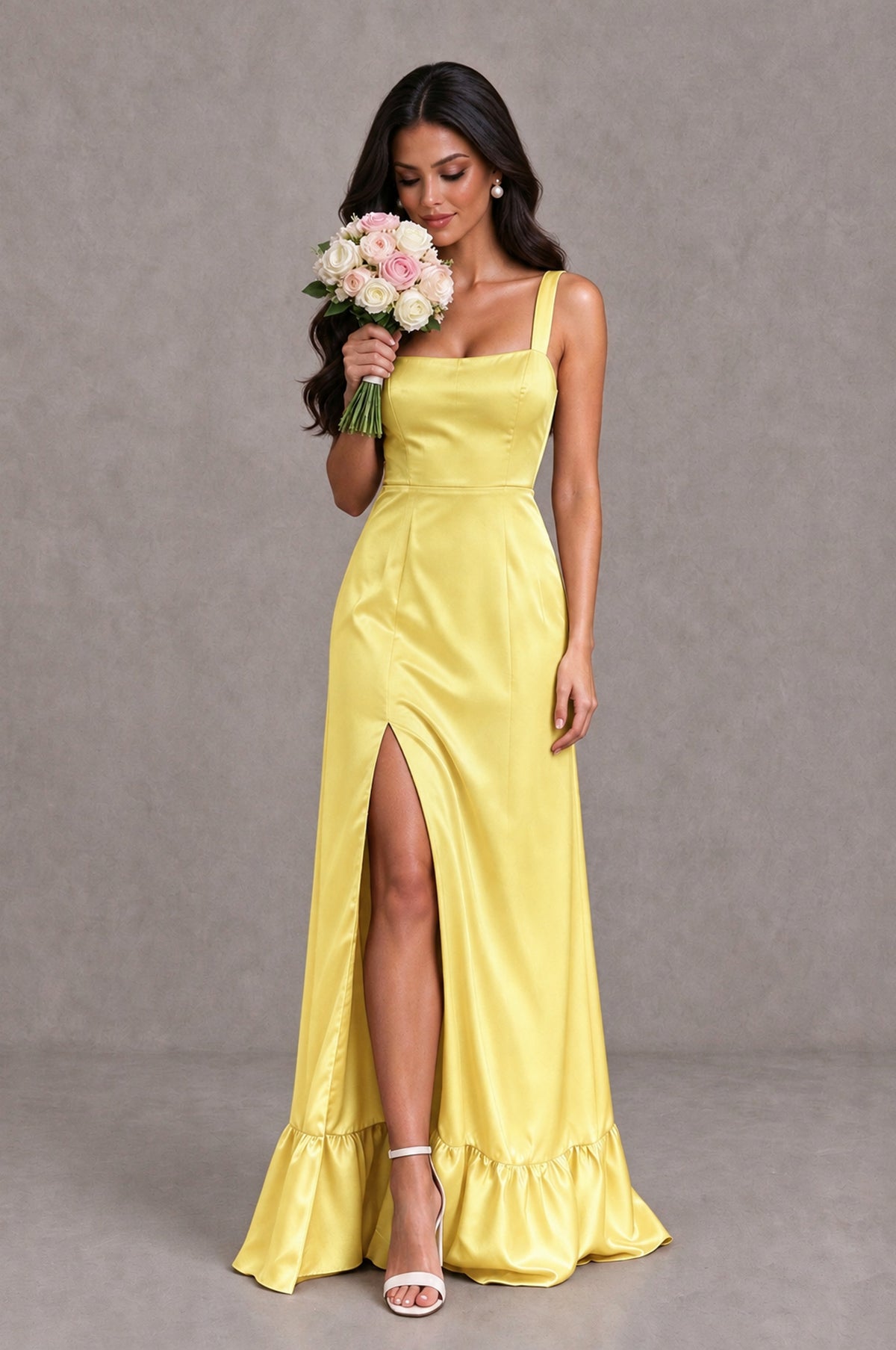 BOLODOO Yellow Square Neck Satin Evening Dress with Lace-Up Back and High Slit - Yellow - Yellow_3