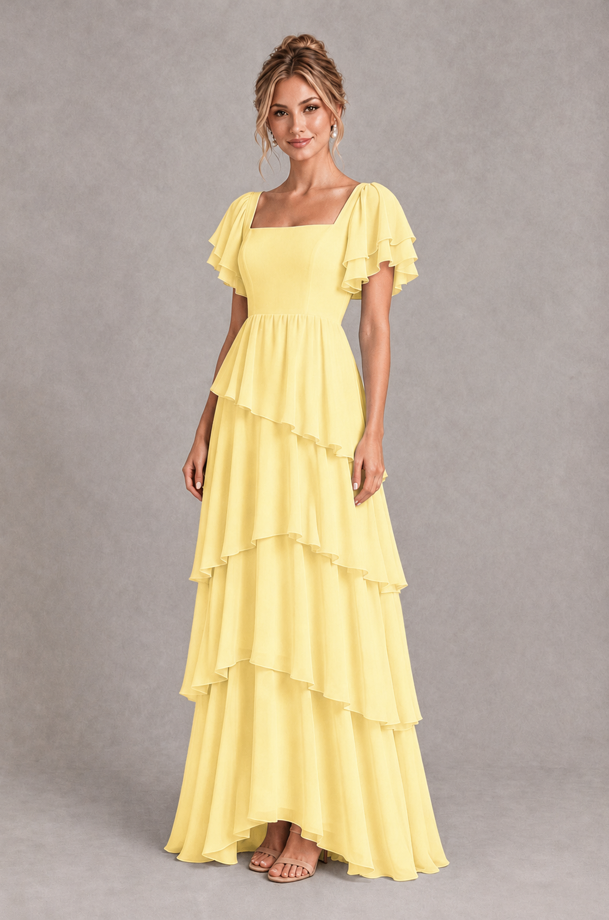 BOLODOO Yellow Square Neck Flutter Sleeve Tiered Chiffon Bridesmaid Dress with Lace-Up Back - Yellow - Yellow_3