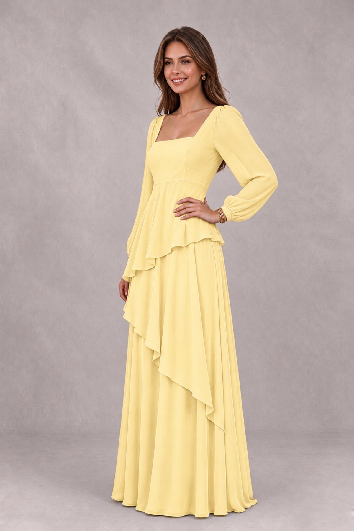 BOLODOO Yellow Long Sleeve Ruffle Bridesmaid Dresses - Yellow - Yellow_3