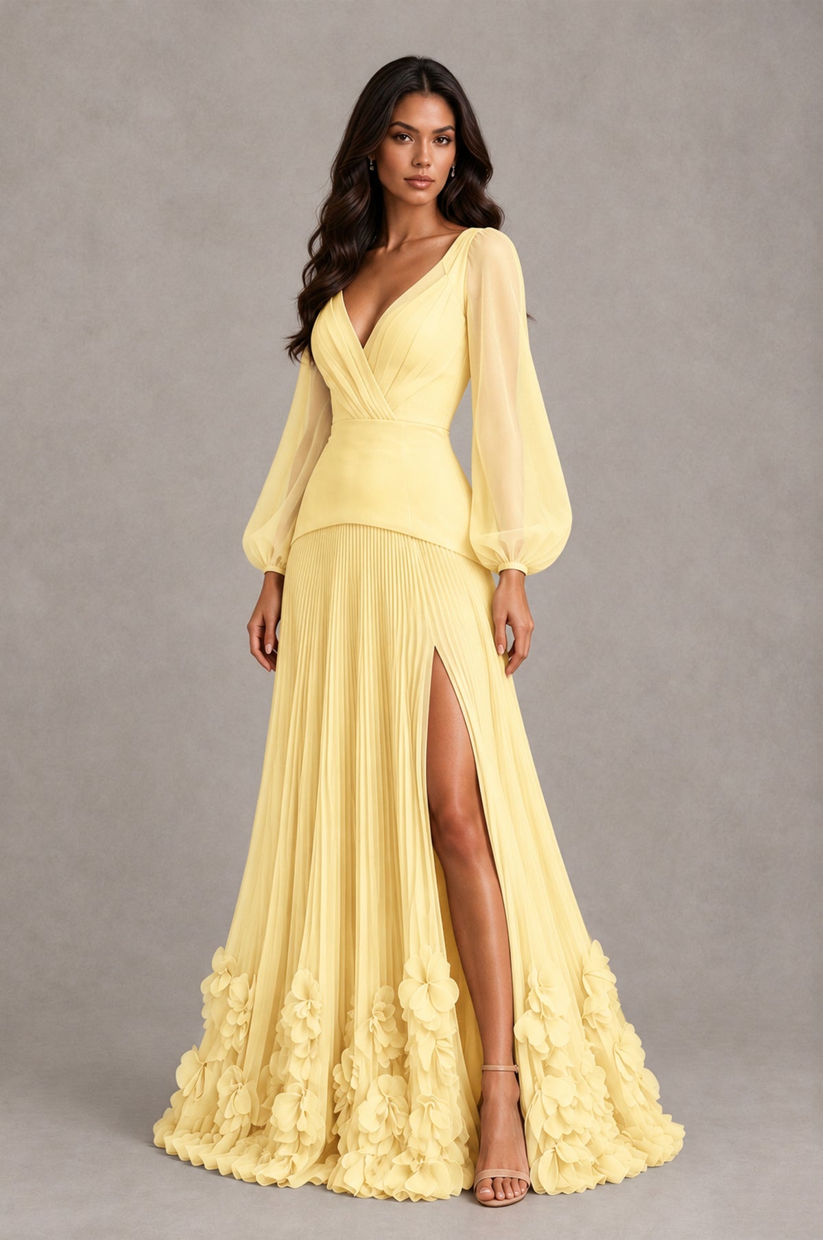BOLODOO Yellow V-Neck Long Sleeve Pleated Floral Hem Evening Dress - Yellow - Yellow_3
