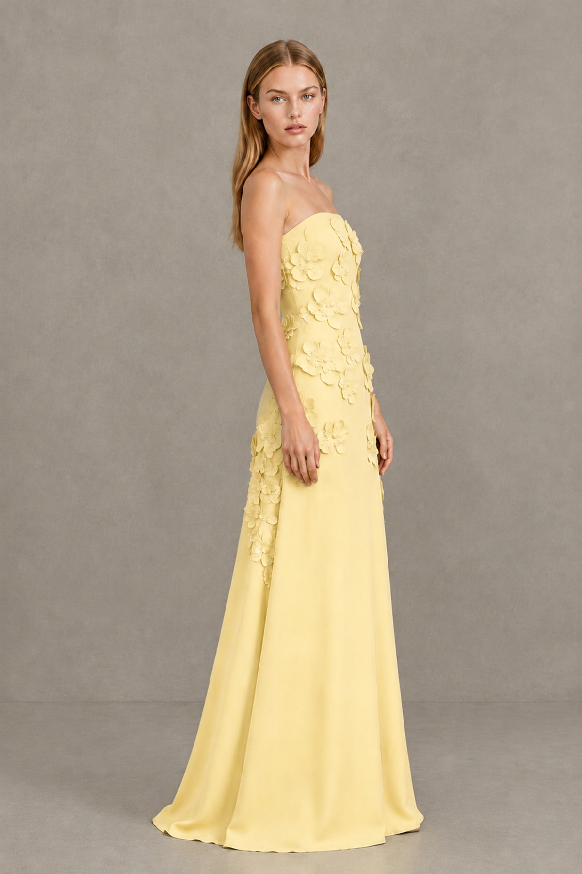 BOLODOO Yellow Strapless 3D Floral Appliqué Crepe Maxi Gown - Yellow - Yellow_3