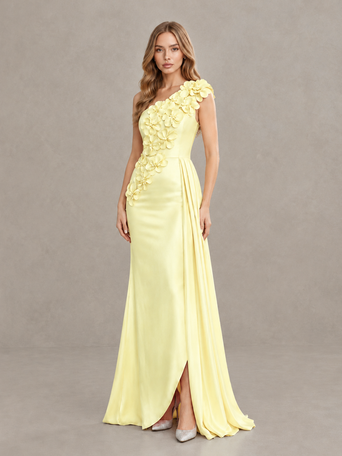 BOLODOO Yellow One-Shoulder Satin Mermaid Evening Gown with 3D Floral Appliqué - Yellow - Yellow_3