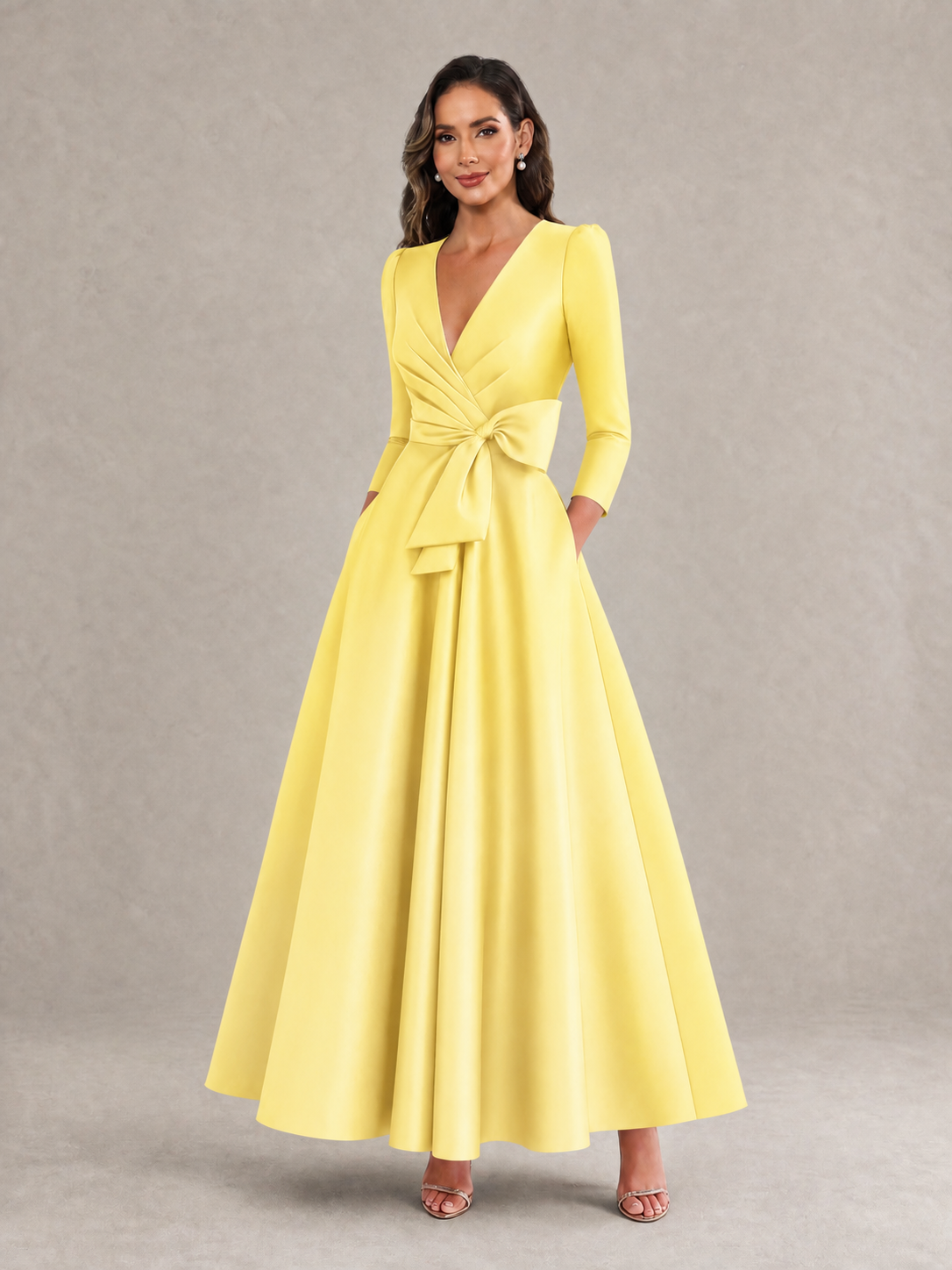 BOLODOO Yellow Satin Deep V-Neck Wrap 3/4 Puff Sleeve A-Line Ball Gown Maxi Dress with Oversized Bow Belt - Yellow