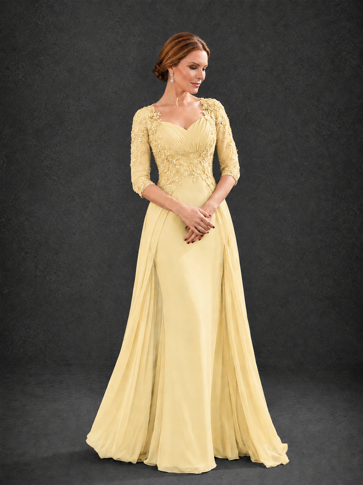 BOLODOO Yellow Sweetheart Neck 3/4 Sleeve Floral Lace Illusion Bodice Chiffon A-Line Gown - Yellow - Yellow_3