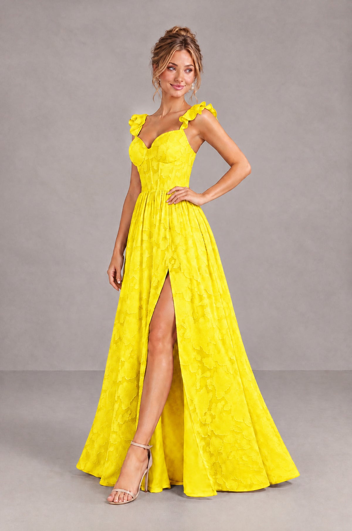 BOLODOO Yellow Floral A-Line Bridesmaid Dress with Slit Ruffle Straps Maxi Gown - Yellow - Yellow_3