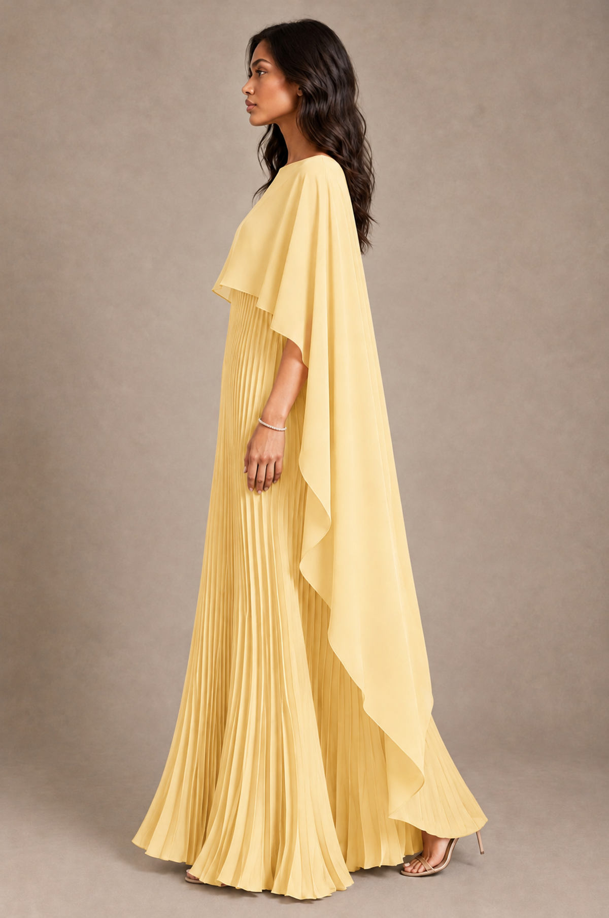 BOLODOO Yellow Pleated Cape A-Line Evening Dress - Yellow - Yellow_3
