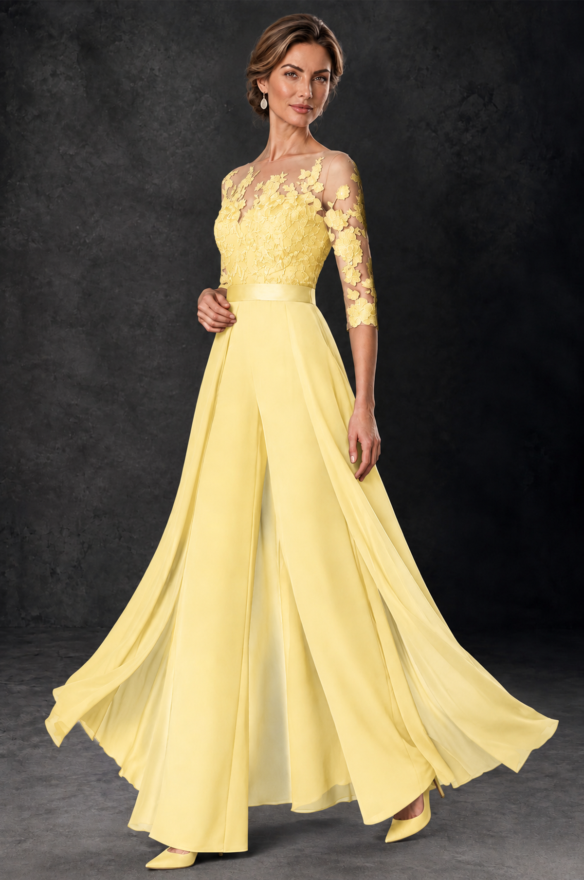 BOLODOO Yellow Lace Wide-Leg Jumpsuit with Three-Quarter Sleeves - Yellow - Yellow_3