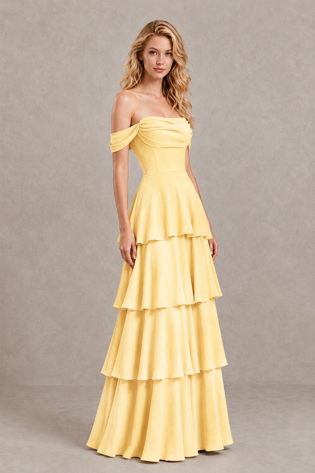 BOLODOO Yellow Off-the-Shoulder Tiered A-Line Evening Bridesmaid Dress - Yellow - Yellow_3