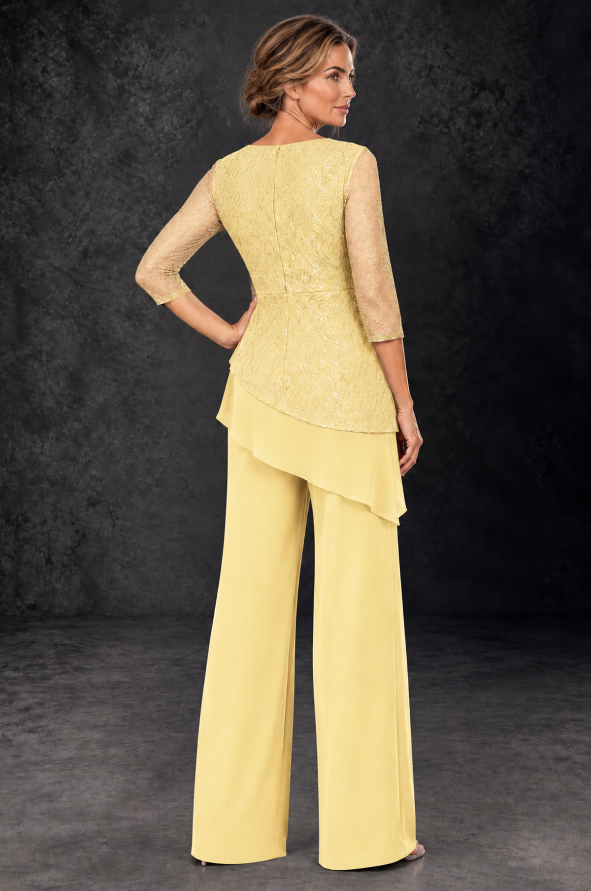 BOLODOO Yellow Sequin Lace 3/4 Sleeve Chiffon Mother of the Bride Pant Suit - Yellow - Yellow_3