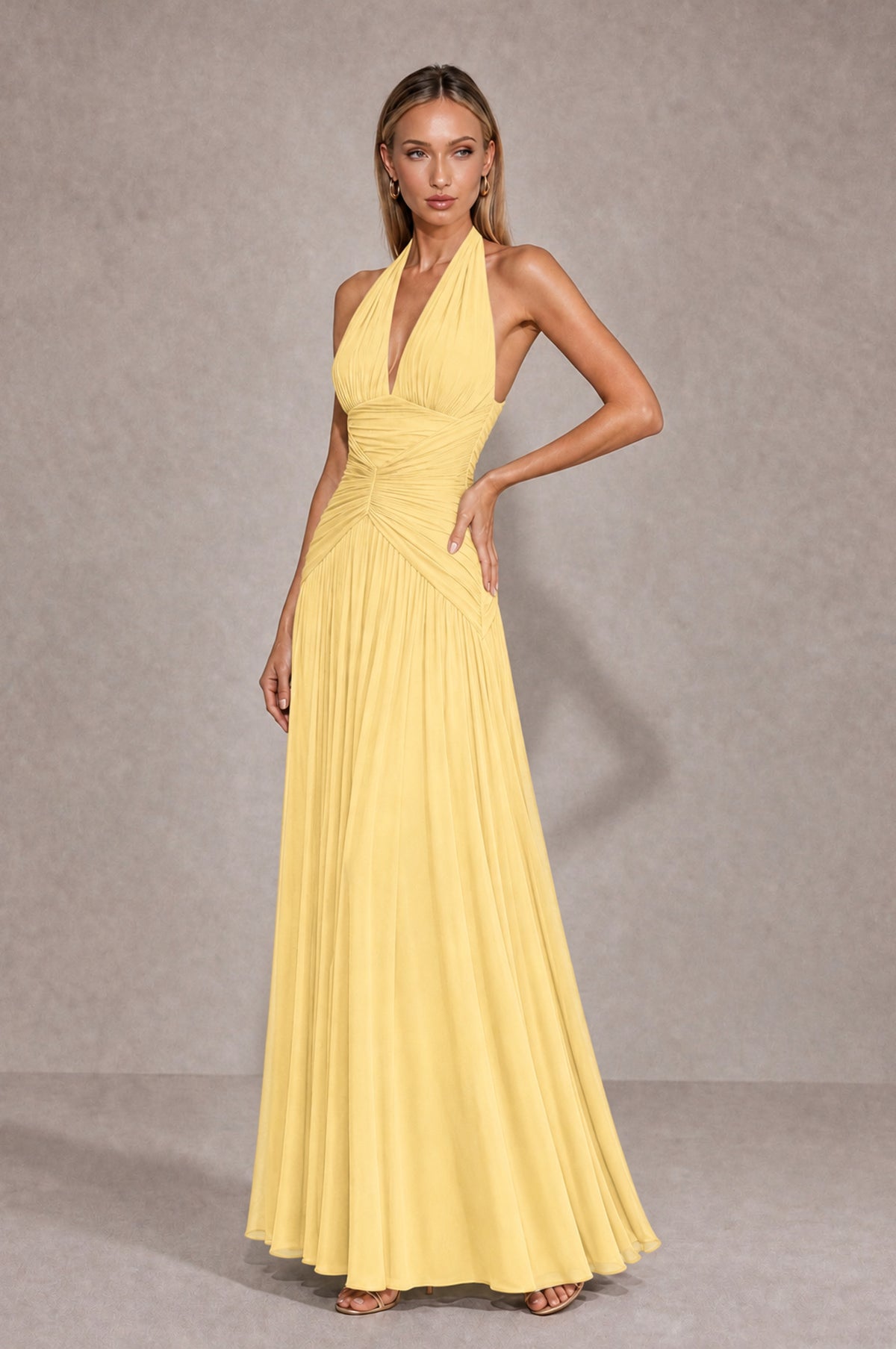 BOLODOO Yellow Chiffon Halter Deep V-Neck Ruched A-Line Backless Maxi Dress with Train-BD0167 - Yellow - Yellow_3