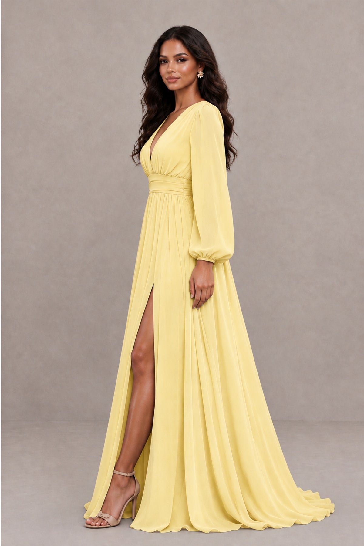 BOLODOO Yellow Long Sleeve V-Neck A-Line Gown with Open Back & Slit - Yellow - Yellow_3