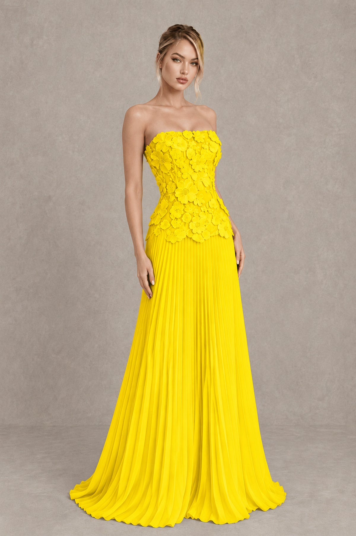 BOLODOO Yellow Strapless Floral Applique Pleated Evening Dress - Yellow - Yellow_3
