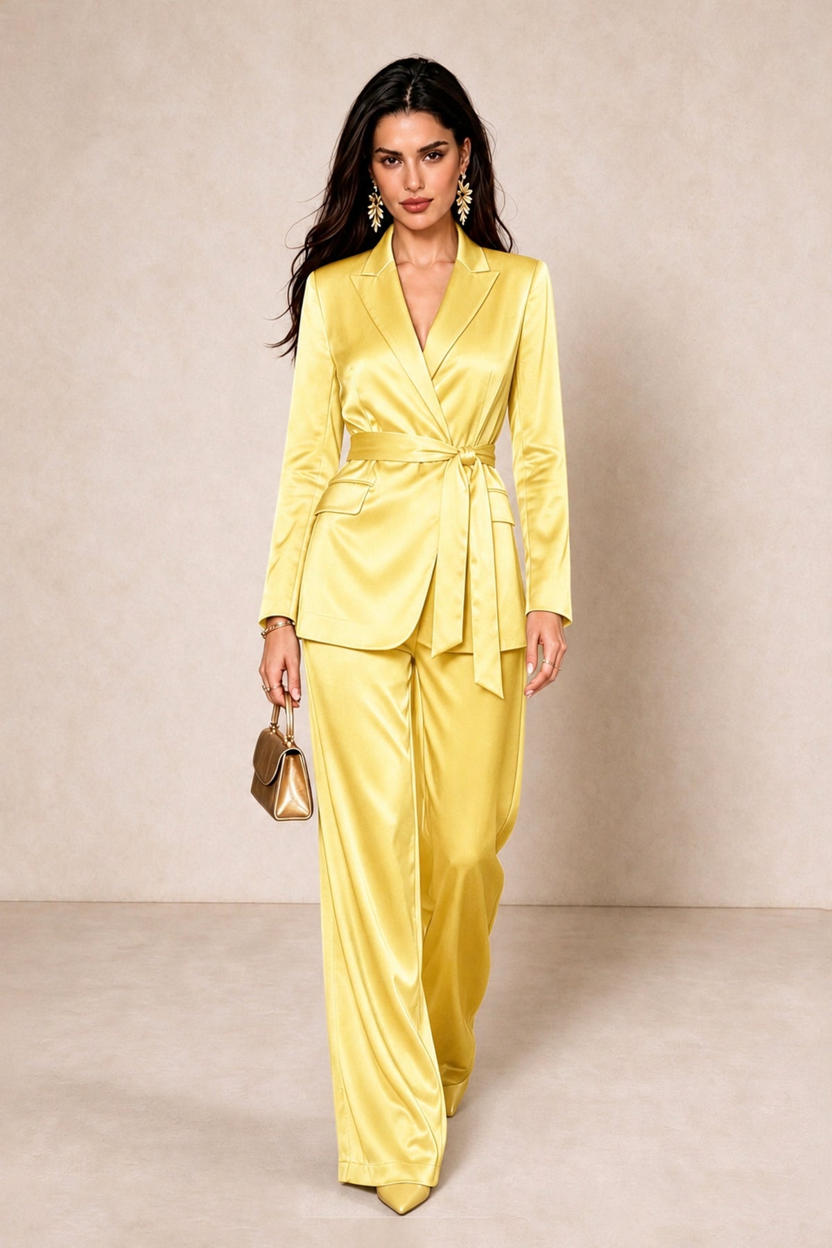 BOLODOO Yellow Satin Wrap Blazer Wide-Leg Pants Two-Piece Suit Set – Evening Gala Wedding Guest - Yellow - Yellow_3