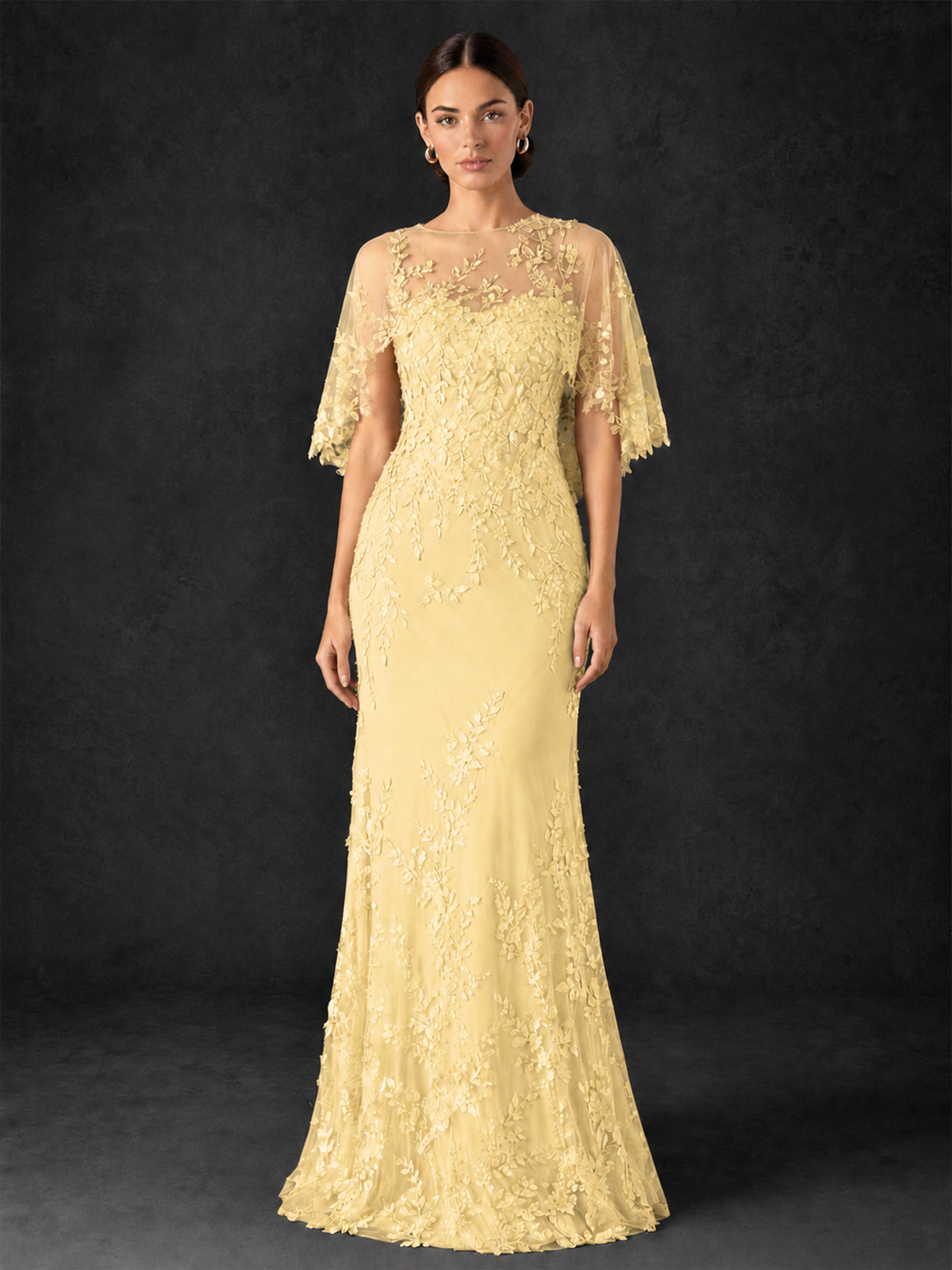 BOLODOO Yellow Botanical Lace Flutter Sleeve Mermaid Gown - Yellow - Yellow_3