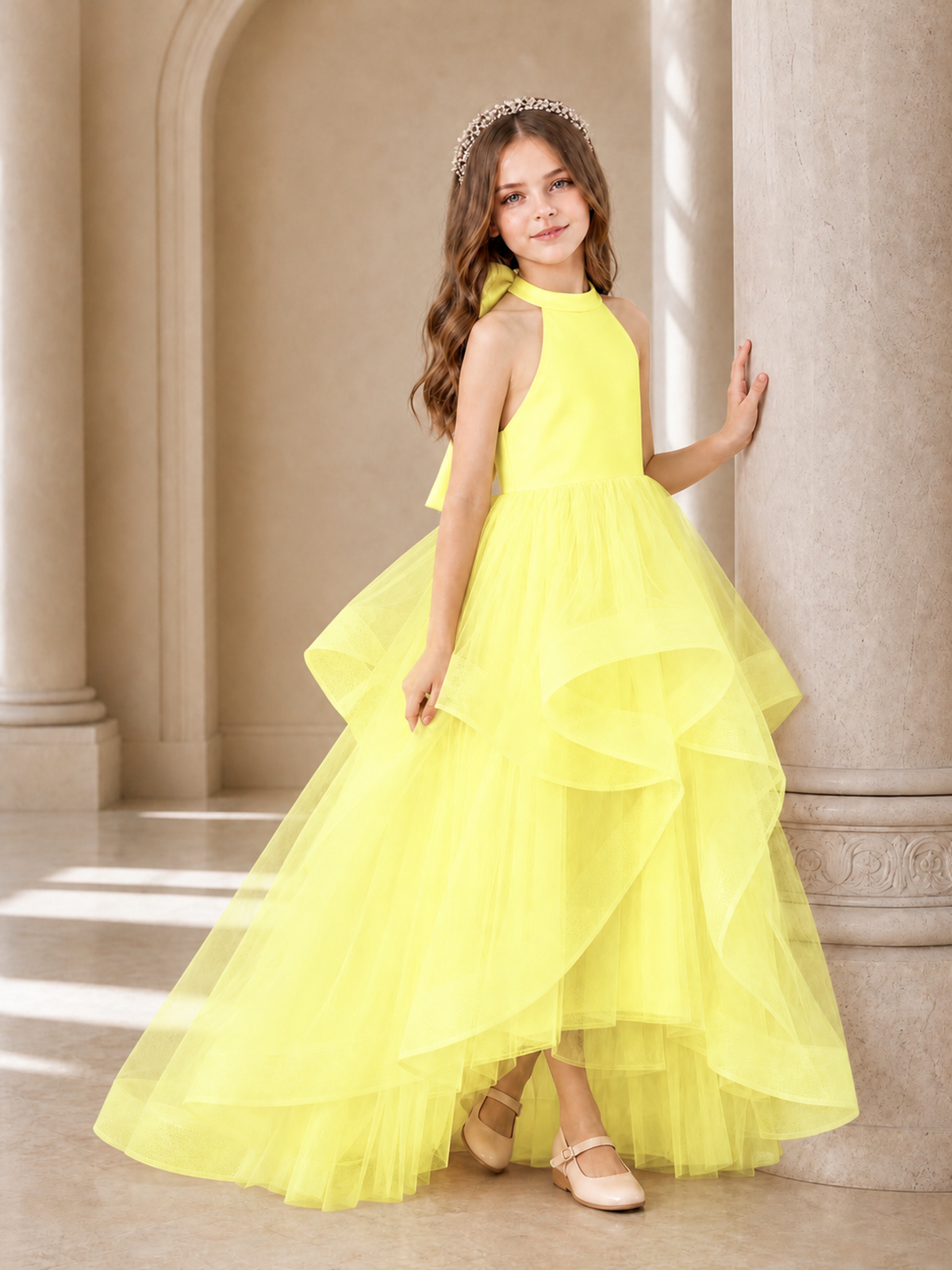 BOLODOO Yellow Halter Tiered Tulle Flower Girl Dress with Bow Back - Yellow - Yellow_3