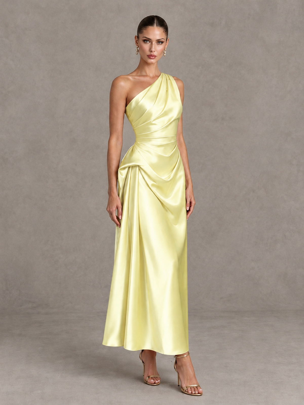 BOLODOO Yellow One Shoulder Satin Cocktail Dress with Draped A-Line Skirt - Yellow - Yellow_3
