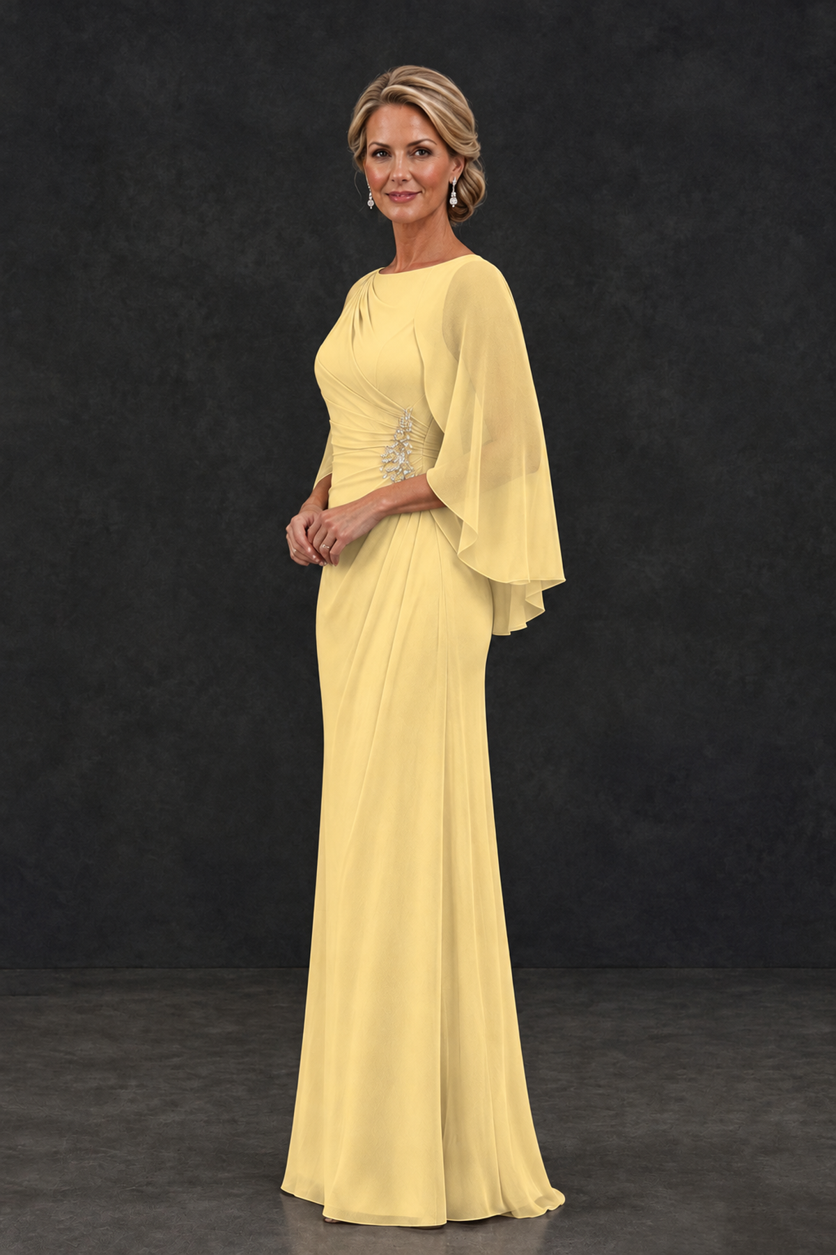BOLODOO Yellow Cape Sleeve Mother of the Bride Dress with Ruched Waist - Yellow - Yellow_3