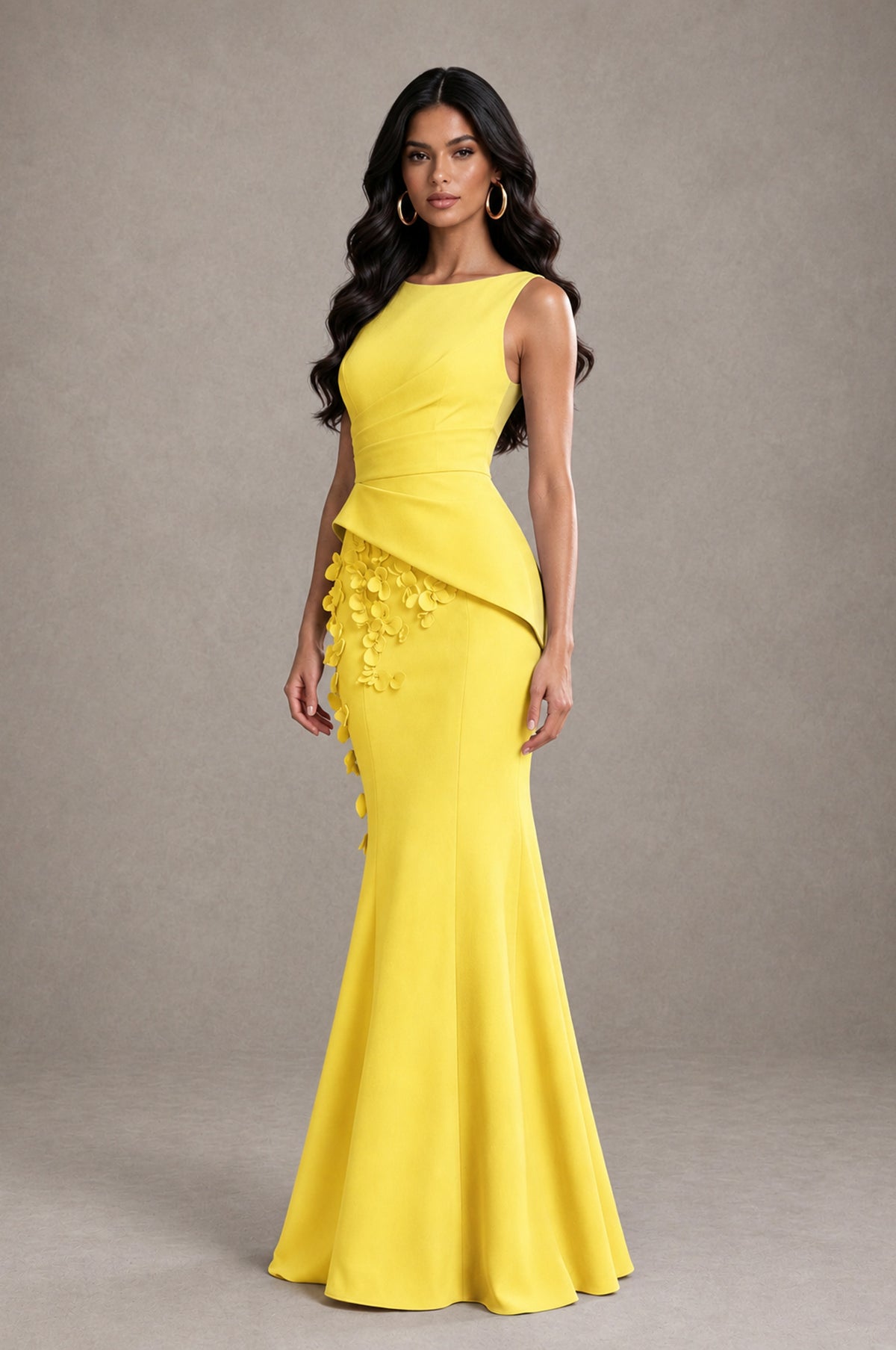 BOLODOO Yellow Bateau Neck Sleeveless Asymmetric Peplum 3D Petal Appliqué Mermaid Gown BD0421 - Yellow - Yellow_3