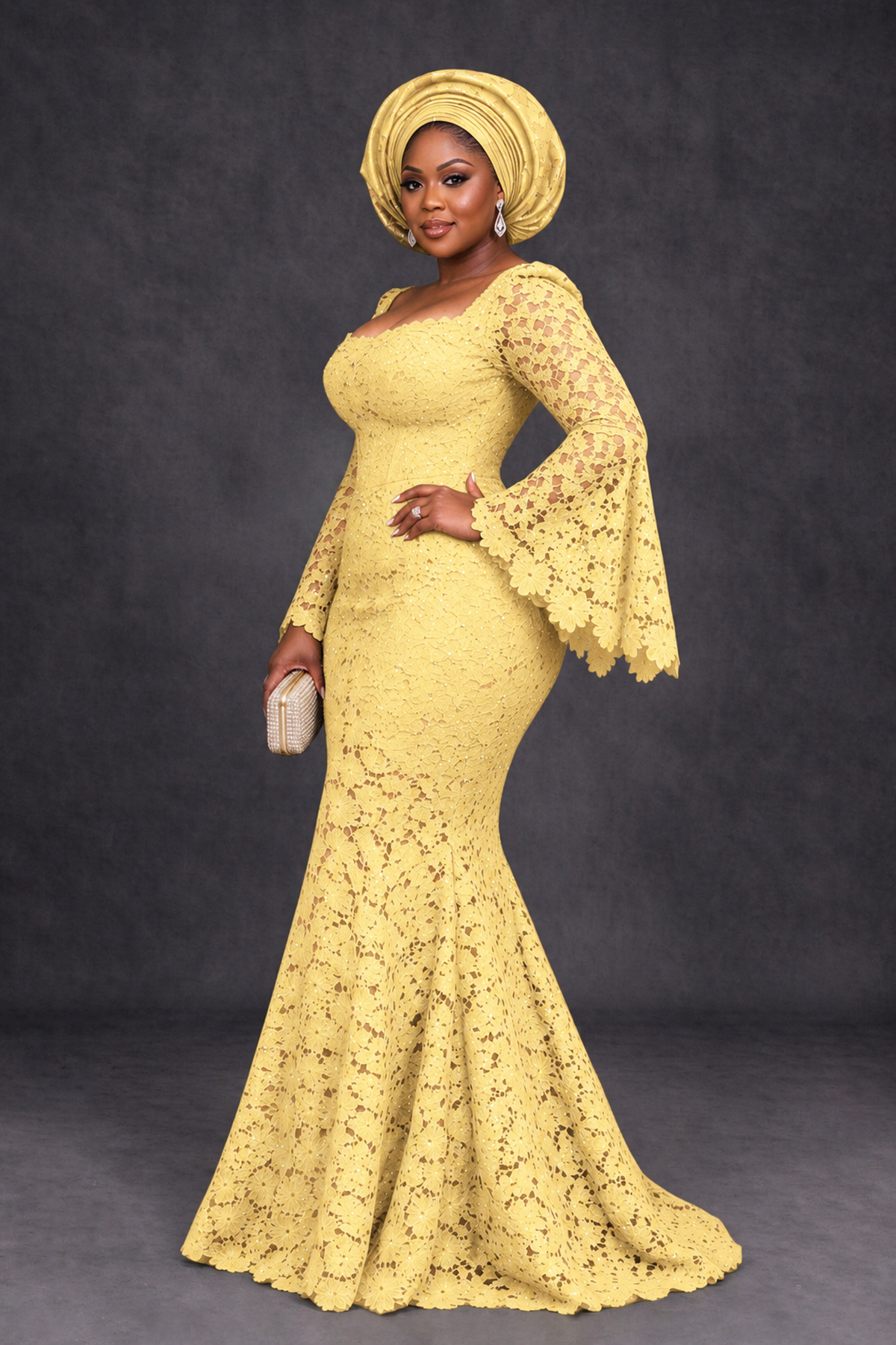 BOLODOO Yellow African Lace Mermaid Dress, Plus Size Nigerian Wedding Guest Gown with Bell Sleeves - Yellow - Yellow_3