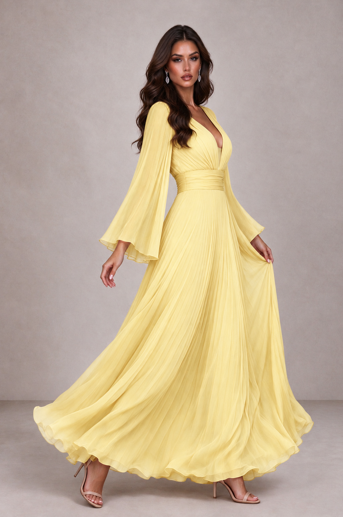 BOLODOO Yellow Pleated Deep V-Neck Long Bell Sleeve Evening Dress - Yellow - Yellow_4