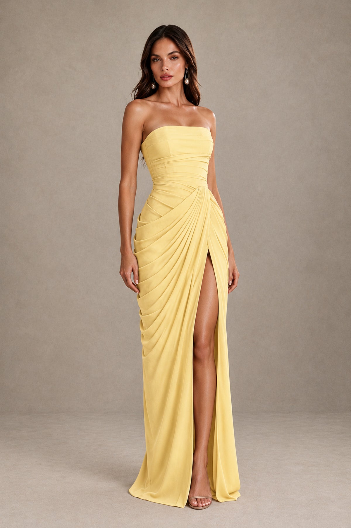 BOLODOO Strapless Draped Maxi Dress - Yellow Backless Evening Gown with High Slit - Yellow - Yellow_4