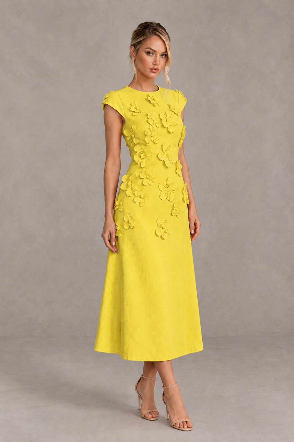 BOLODOO Yellow 3D Floral Cap Sleeve Midi Cocktail Dress - Yellow - Yellow_4