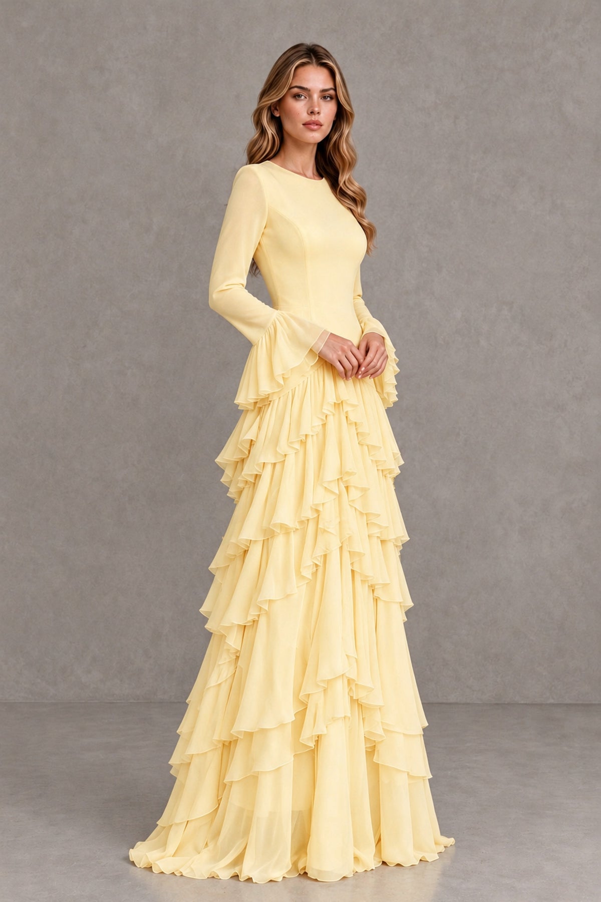 Yellow Long Sleeve Tiered Ruffle Evening Gown - Yellow - Yellow_4