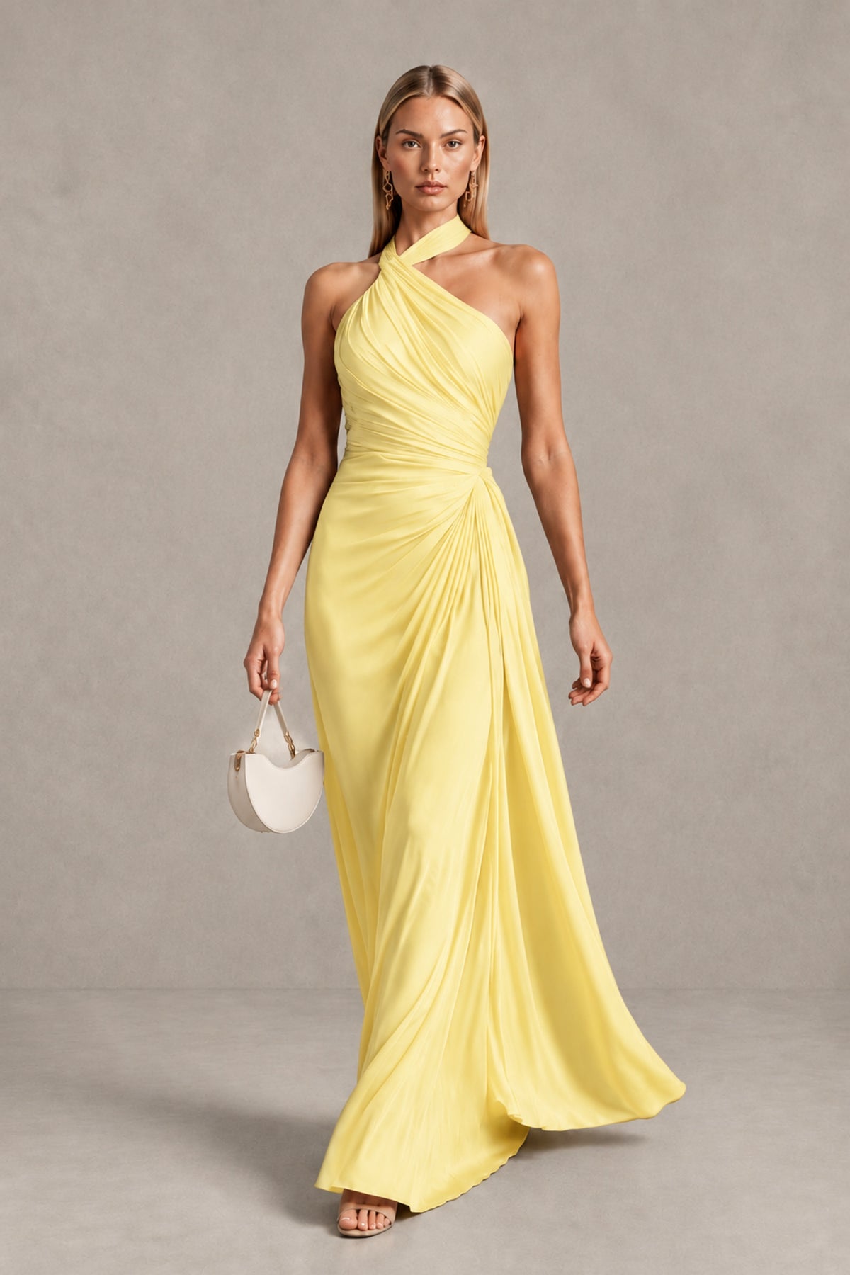 BOLODOO Yellow Twisted Halter Neck Ruched Sleeveless Open Back Floor-Length Gown - Yellow - Yellow_4