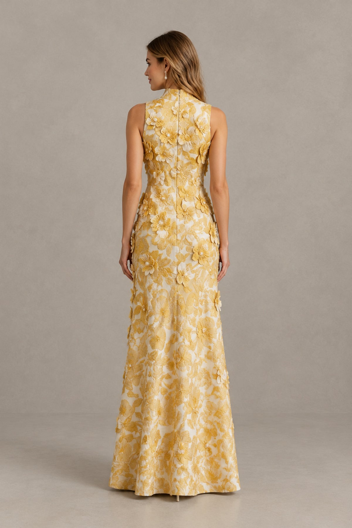 BOLODOO Yellow High Neck Sleeveless 3D Floral Evening Gown - Yellow