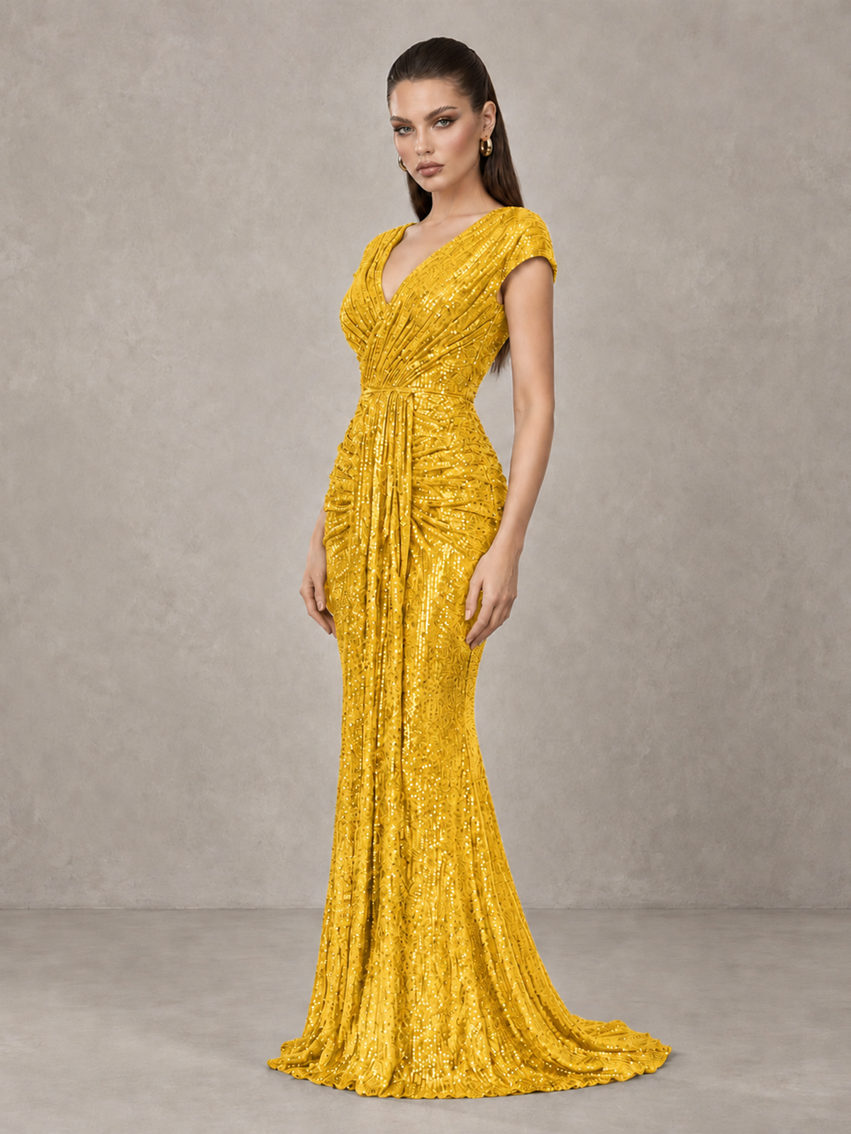 BOLODOO Yellow Glitter V-Neck Cap Sleeve Ruched Mermaid Evening Gown - Yellow - Yellow_4