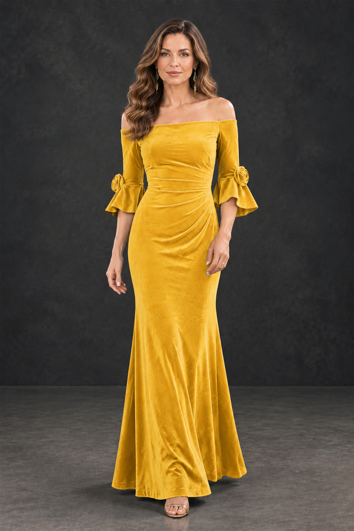 BOLODOO Yellow Velvet Mother of the Bride Dress with Rosette Sleeves - Yellow - Yellow_4