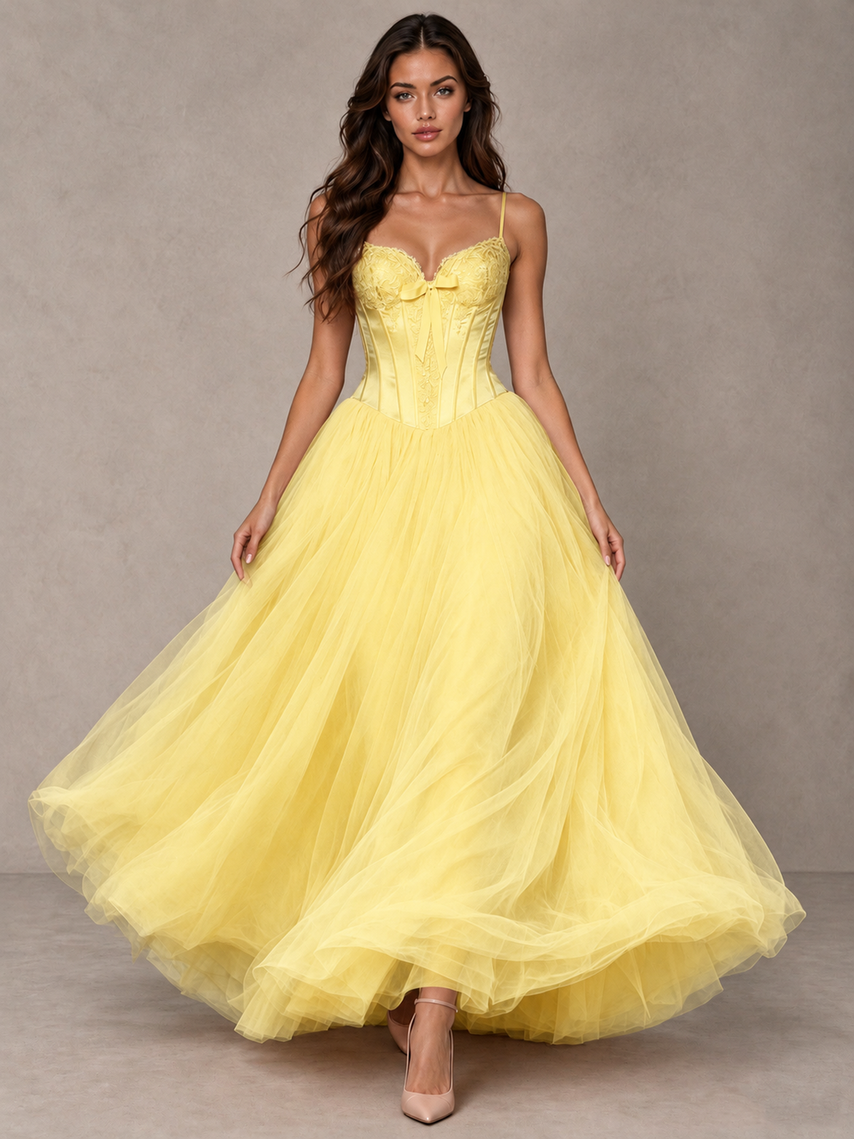 BOLODOO Yellow Corset Tulle Prom Dress with Spaghetti Straps - Yellow - Yellow_4