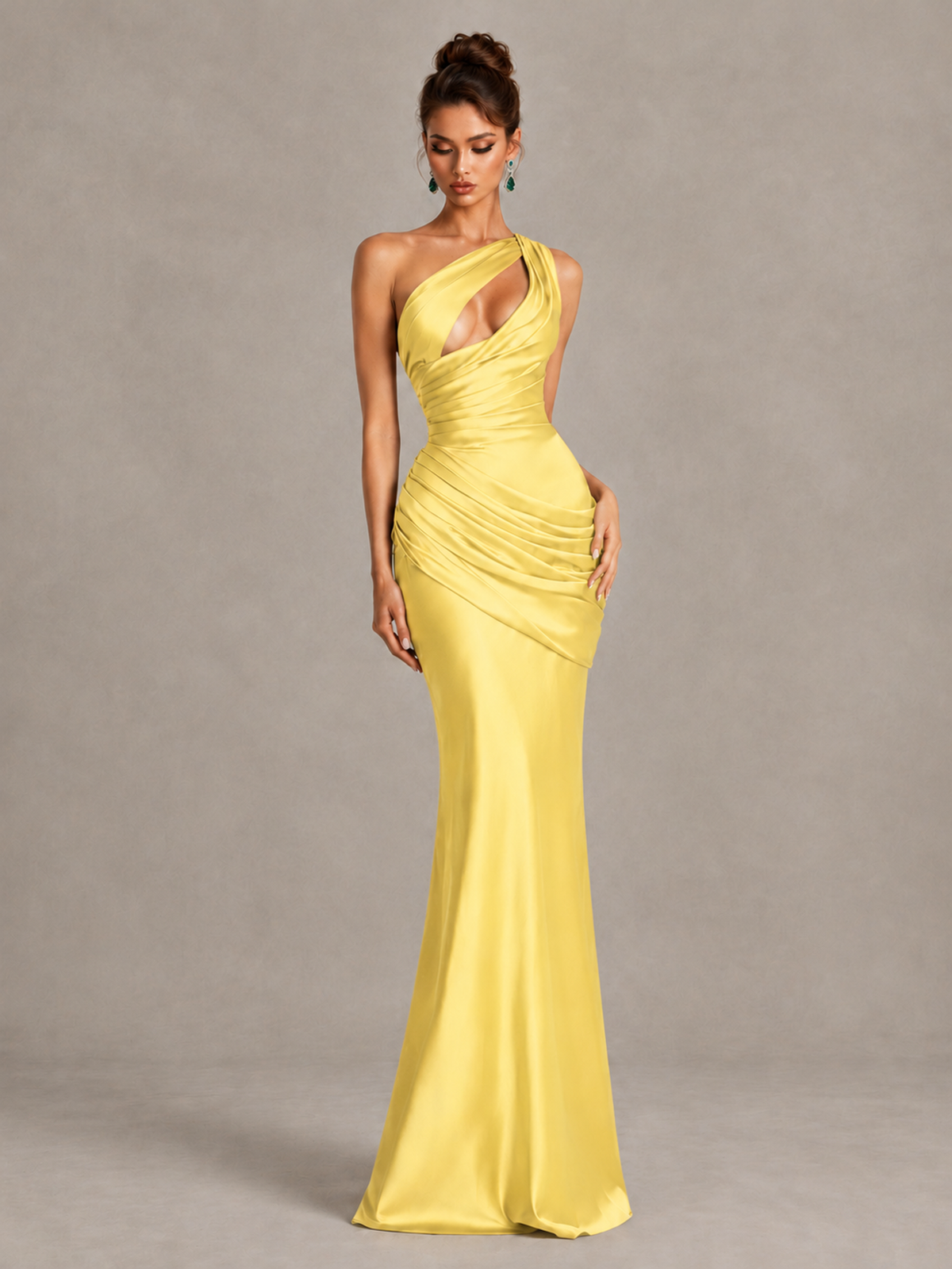 BOLODOO Yellow One-Shoulder Cutout Satin Mermaid Prom Dress - Yellow - Yellow_4