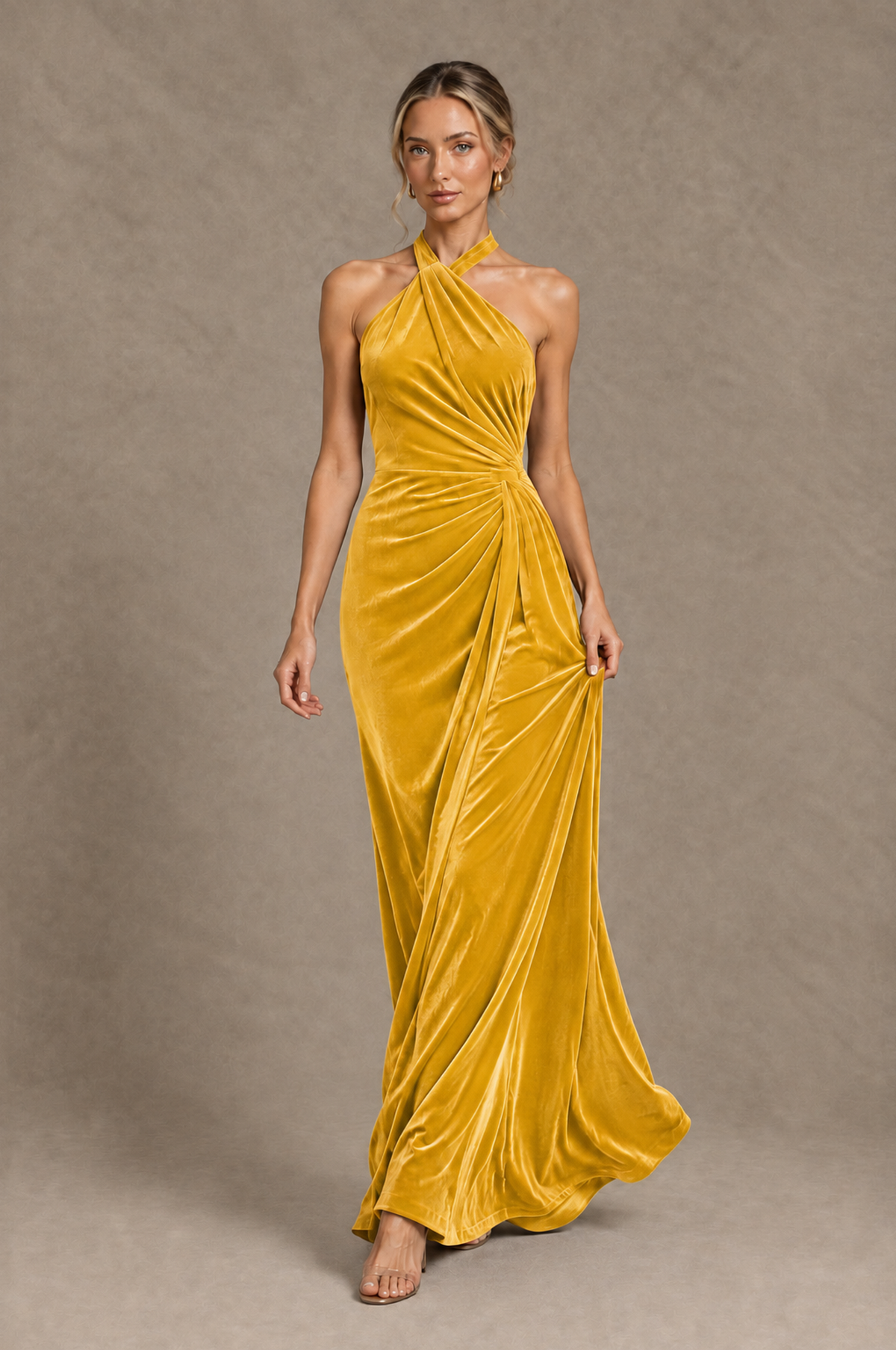 BOLODOO Yellow Velvet Halter Open-Back Ruched Evening Dress - Yellow - Yellow_4