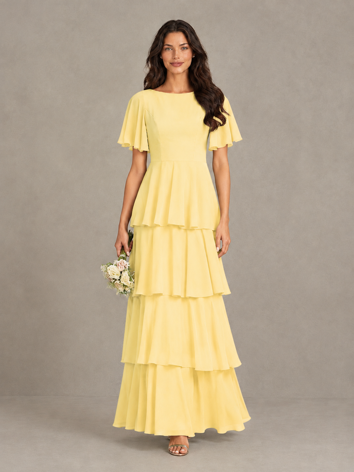 BOLODOO Yellow Tiered Flutter Sleeve Bridesmaid Dress - Yellow - Yellow_4
