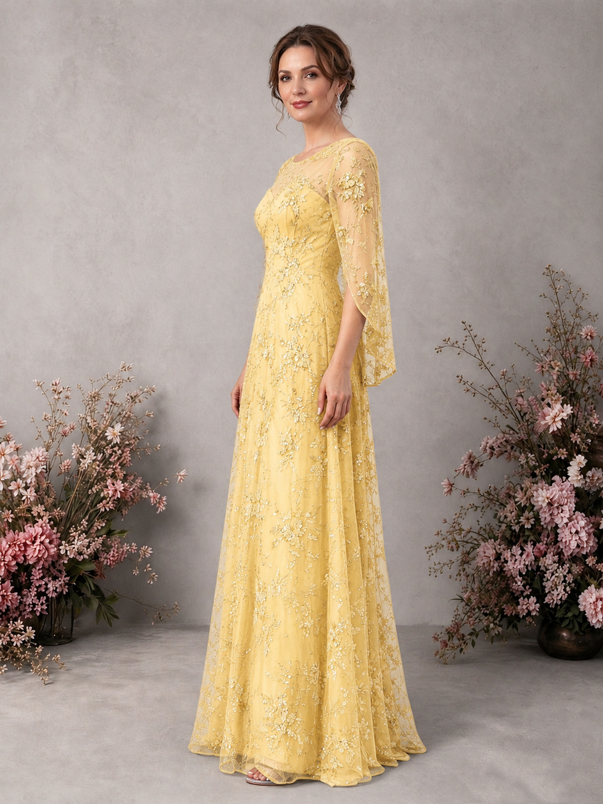 BOLODOO Yellow Sequin Lace Cape Sleeve Formal Evening Gown - Yellow - Yellow_4