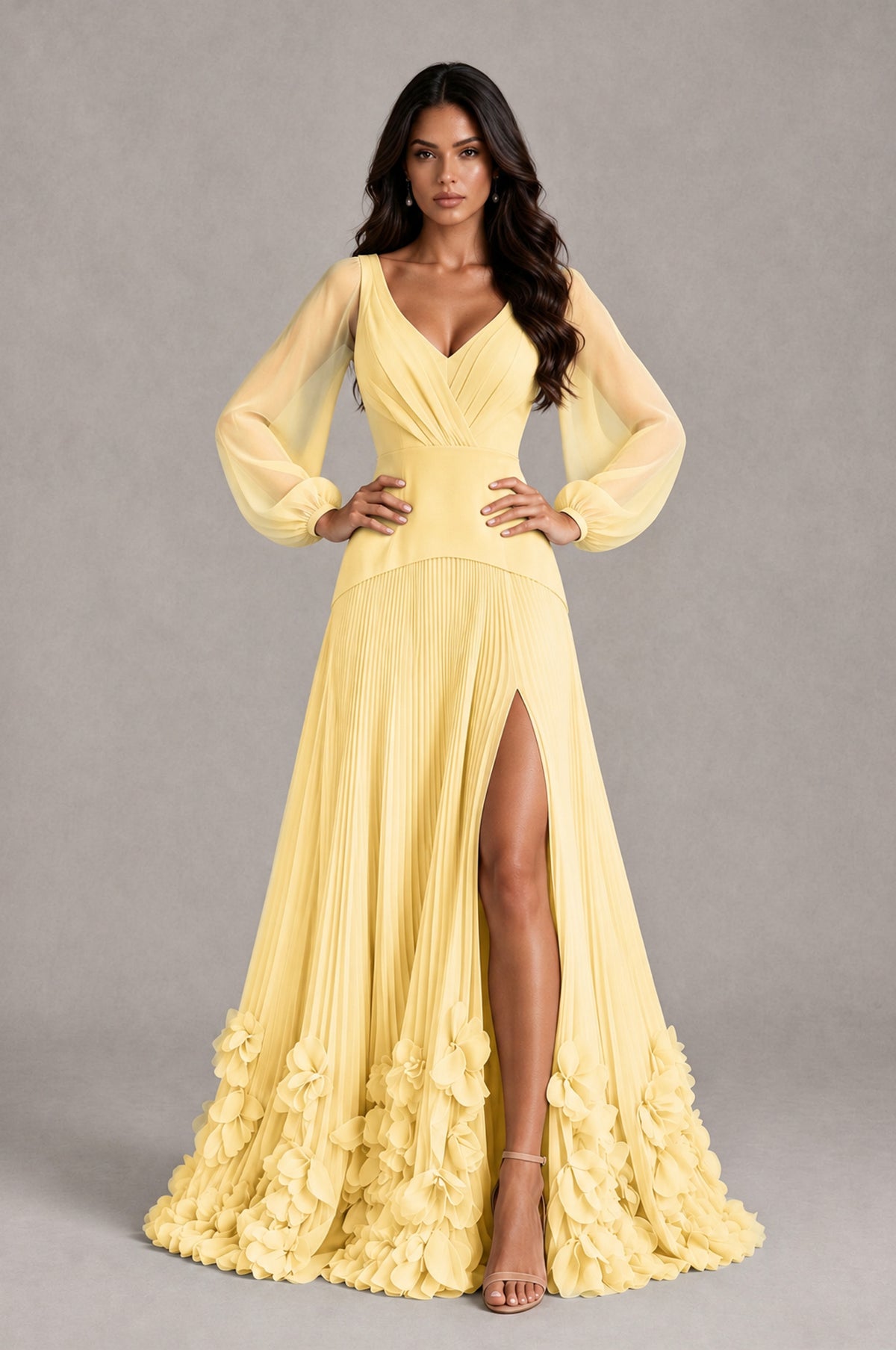 BOLODOO Yellow V-Neck Long Sleeve Pleated Floral Hem Evening Dress - Yellow - Yellow_4