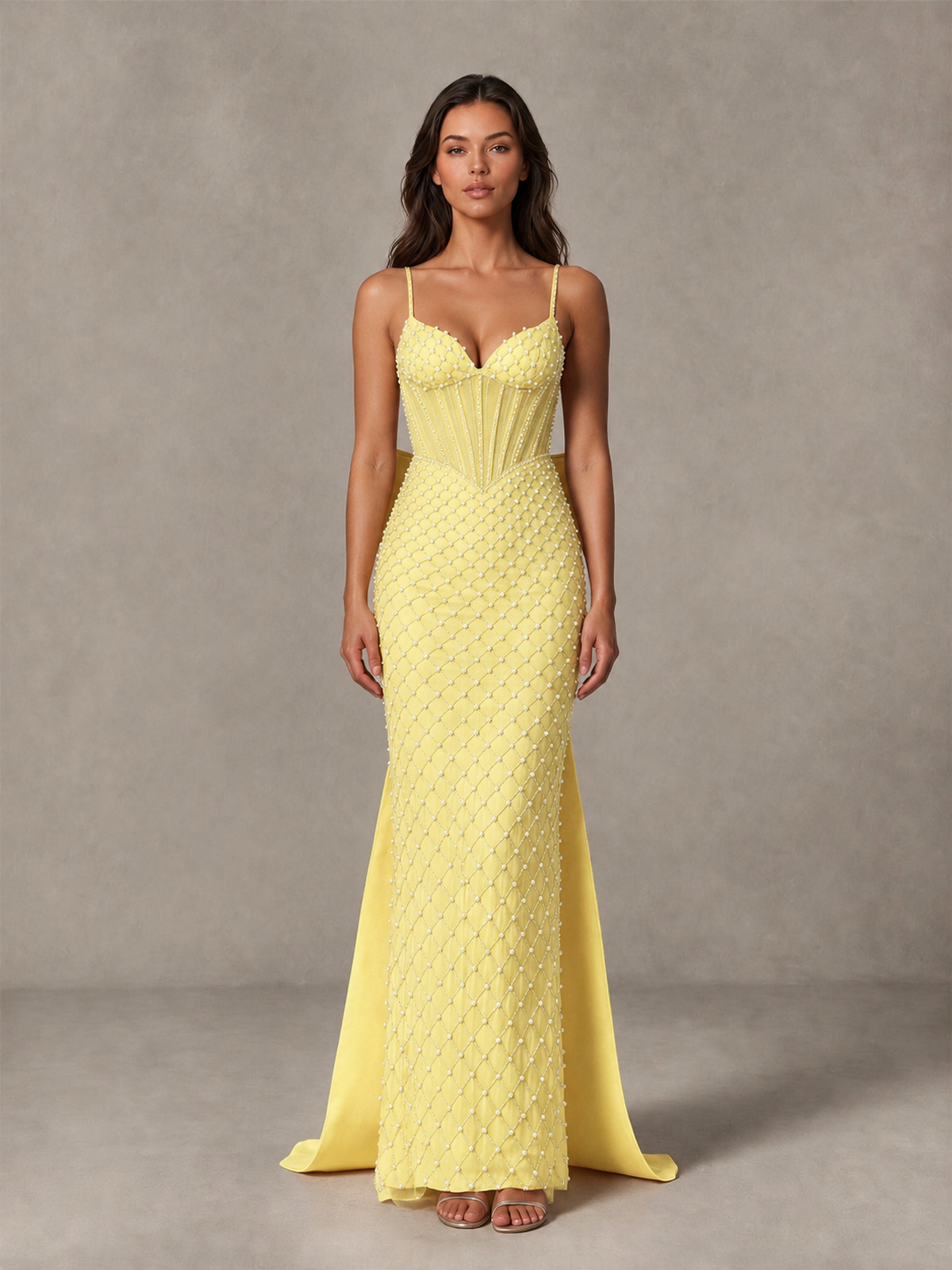 BOLODOO Yellow Beaded Corset Prom Dress with Bow Train - Yellow - Yellow_4